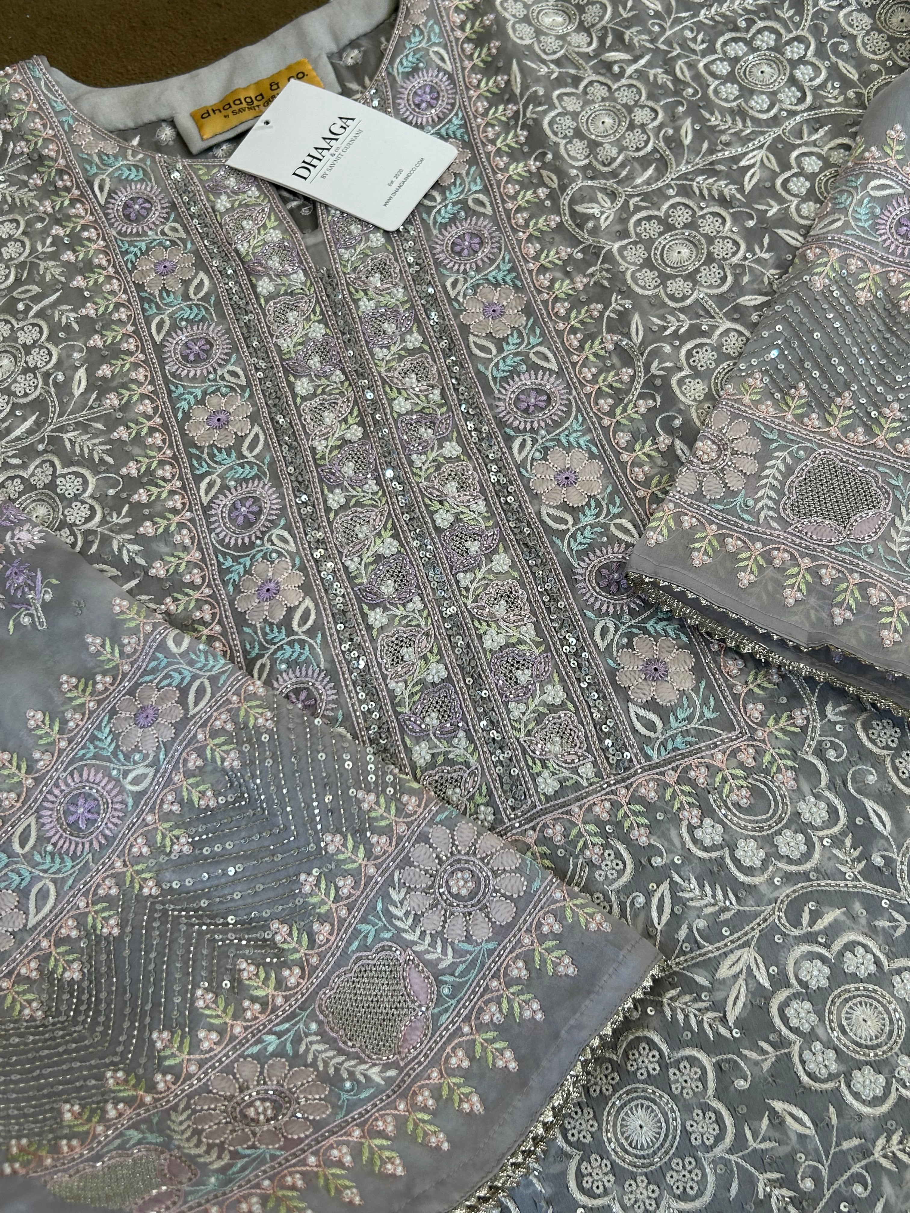 Premium Grey Organza Chikankari Kurta Set