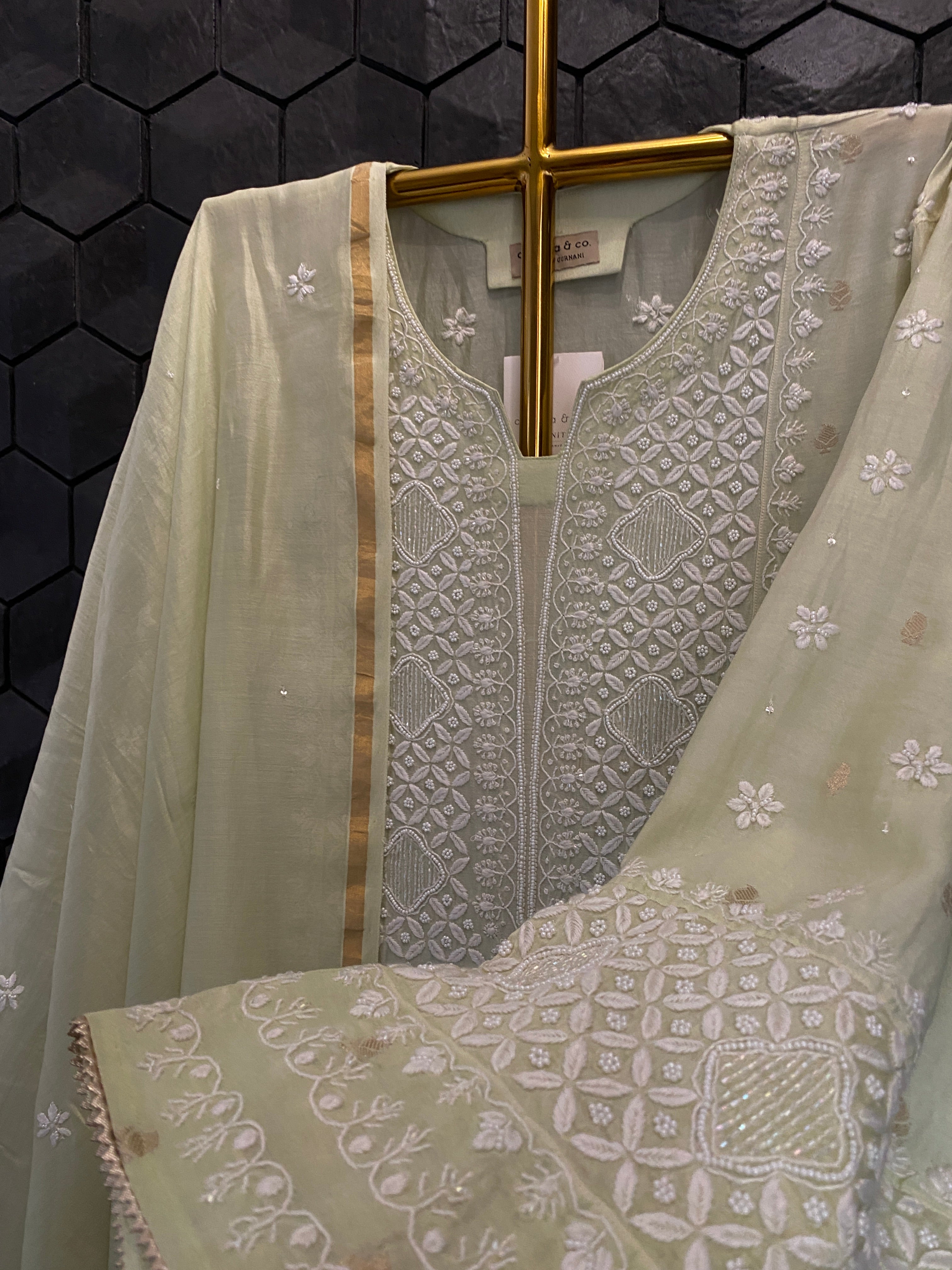 Green Mul Chanderi Chikankari Kurta Set