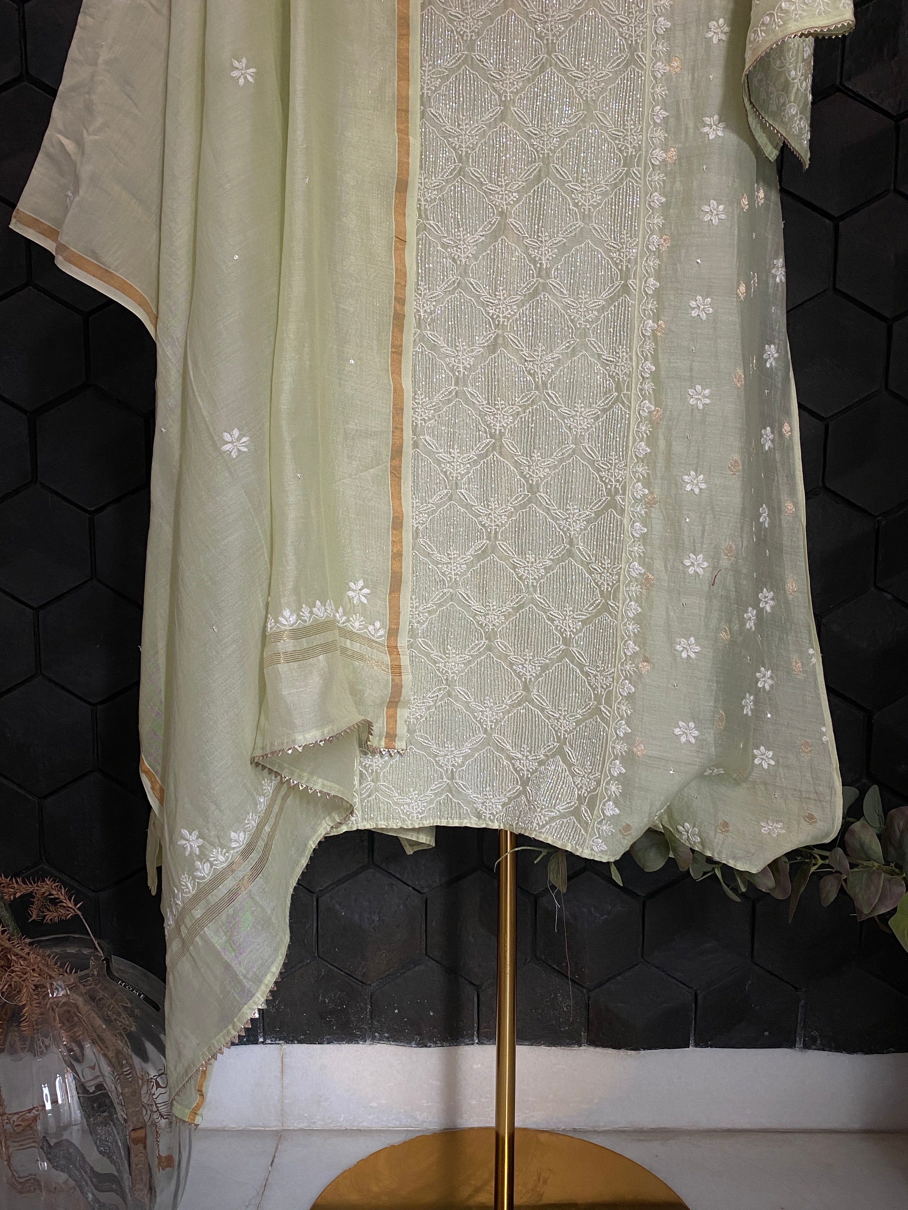 Green Mul Chanderi Chikankari Kurta Set