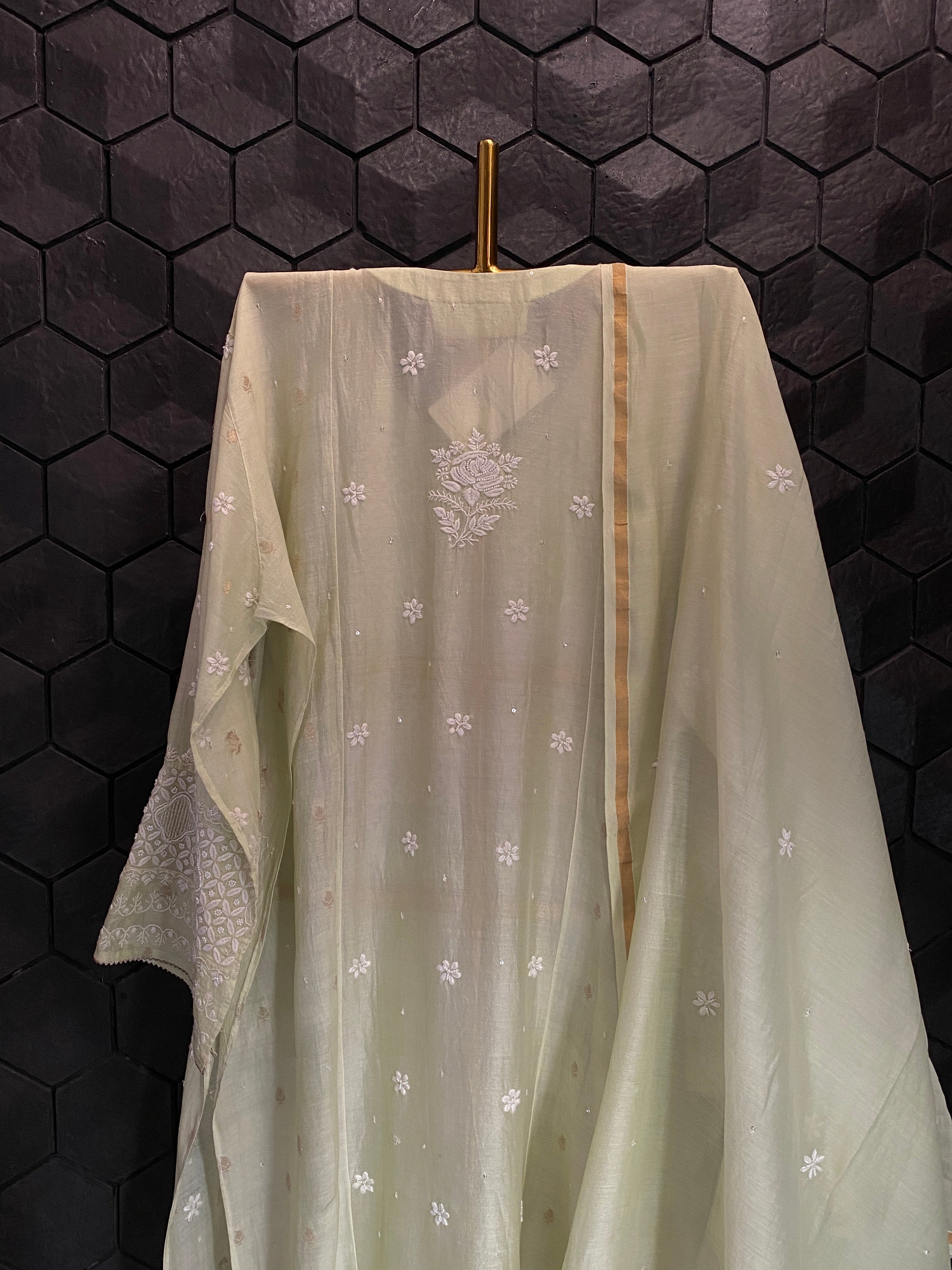 Green Mul Chanderi Chikankari Kurta Set