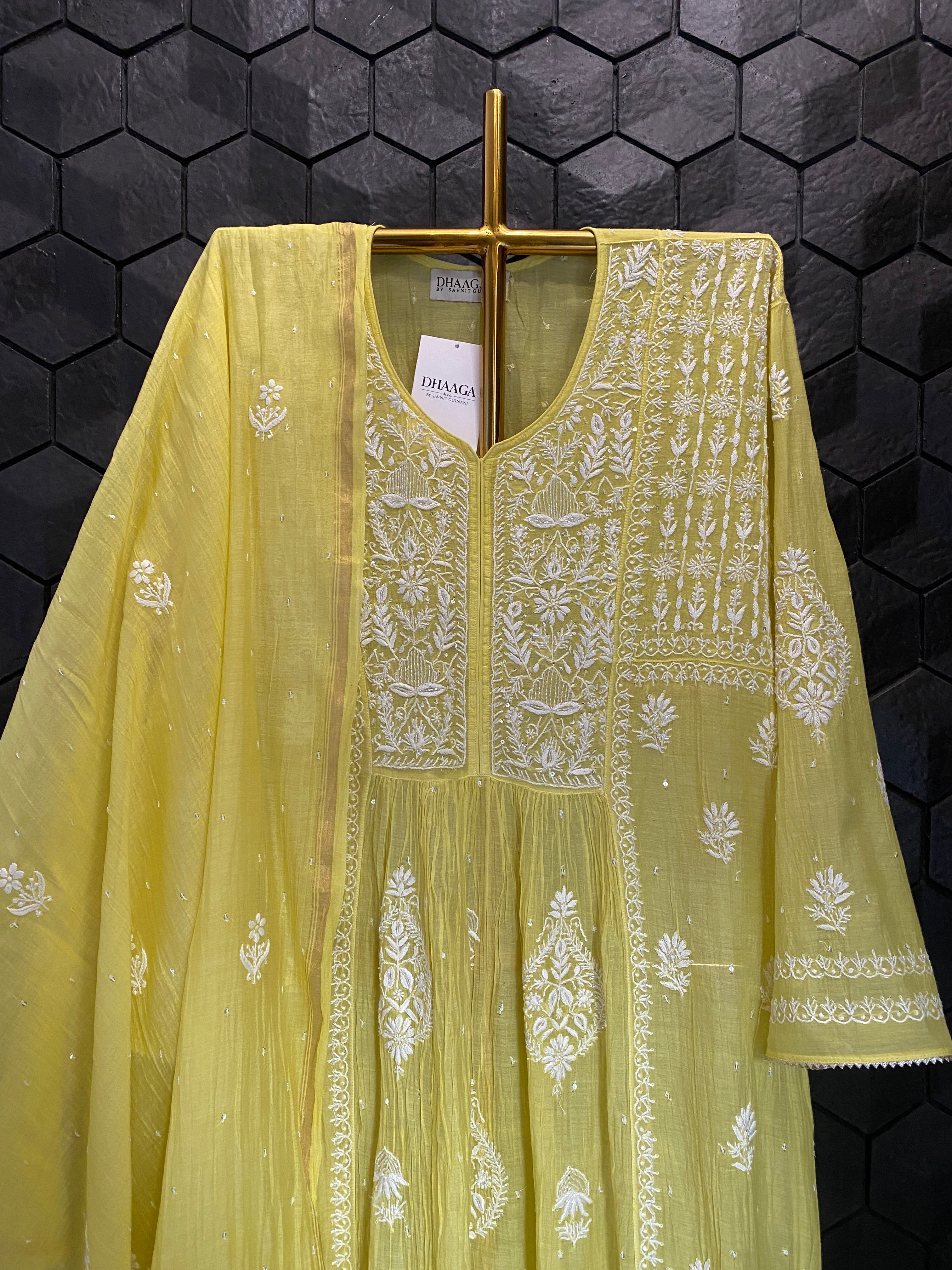 Yellow Mul Chanderi Chikankari Kurta Set