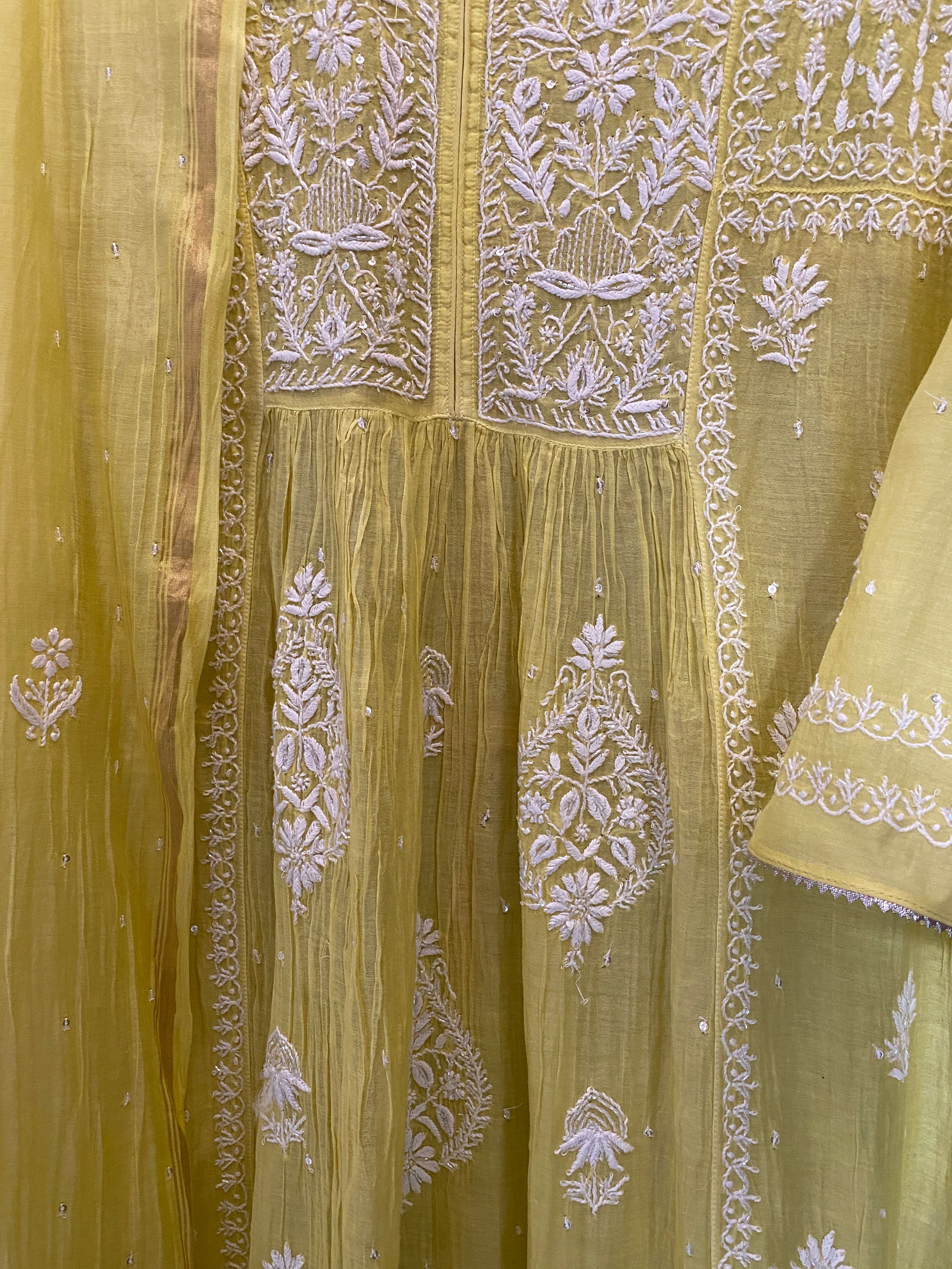 Yellow Mul Chanderi Chikankari Kurta Set