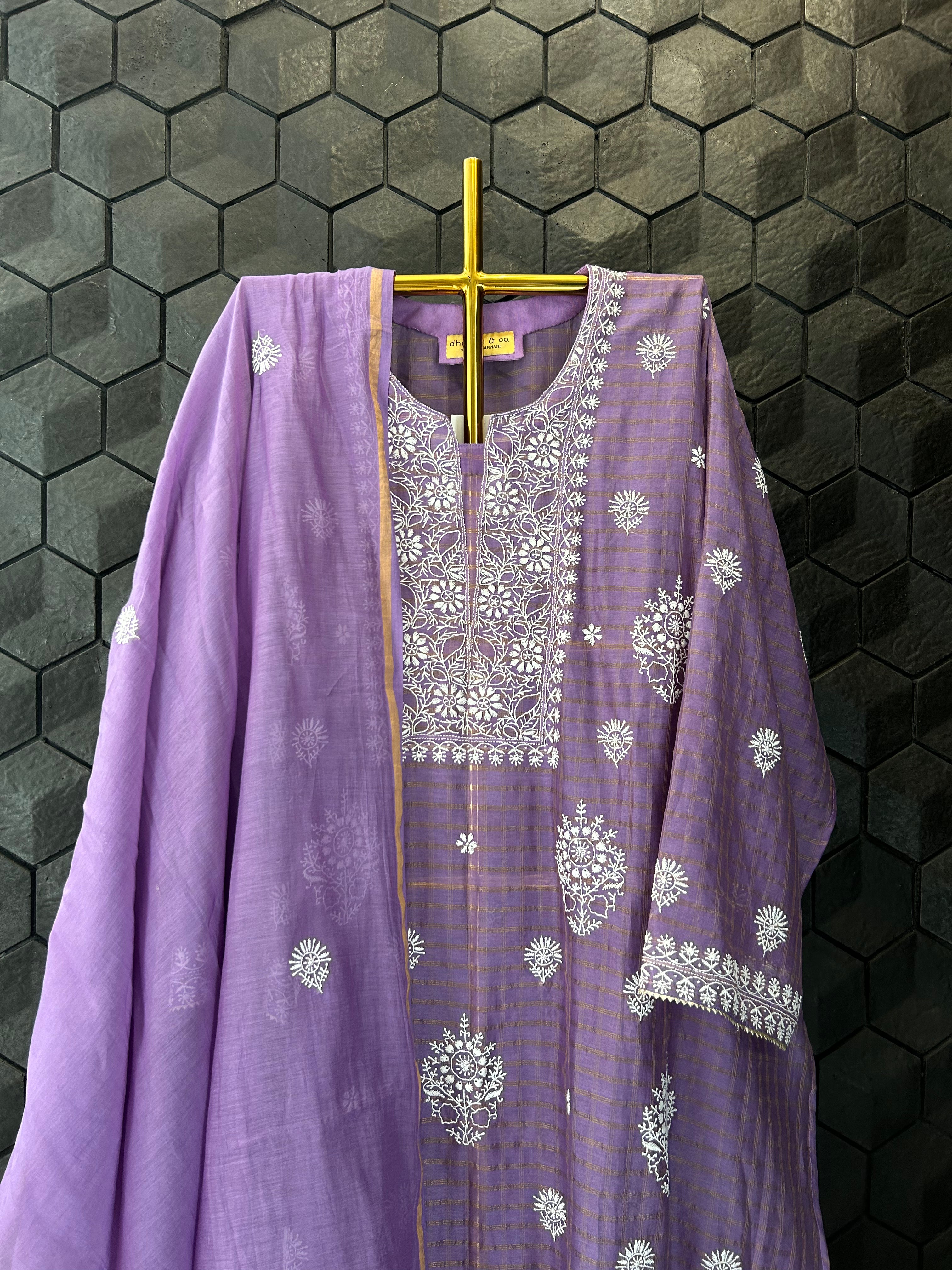 Purple Striped Tissue Chikankari Kurta Set