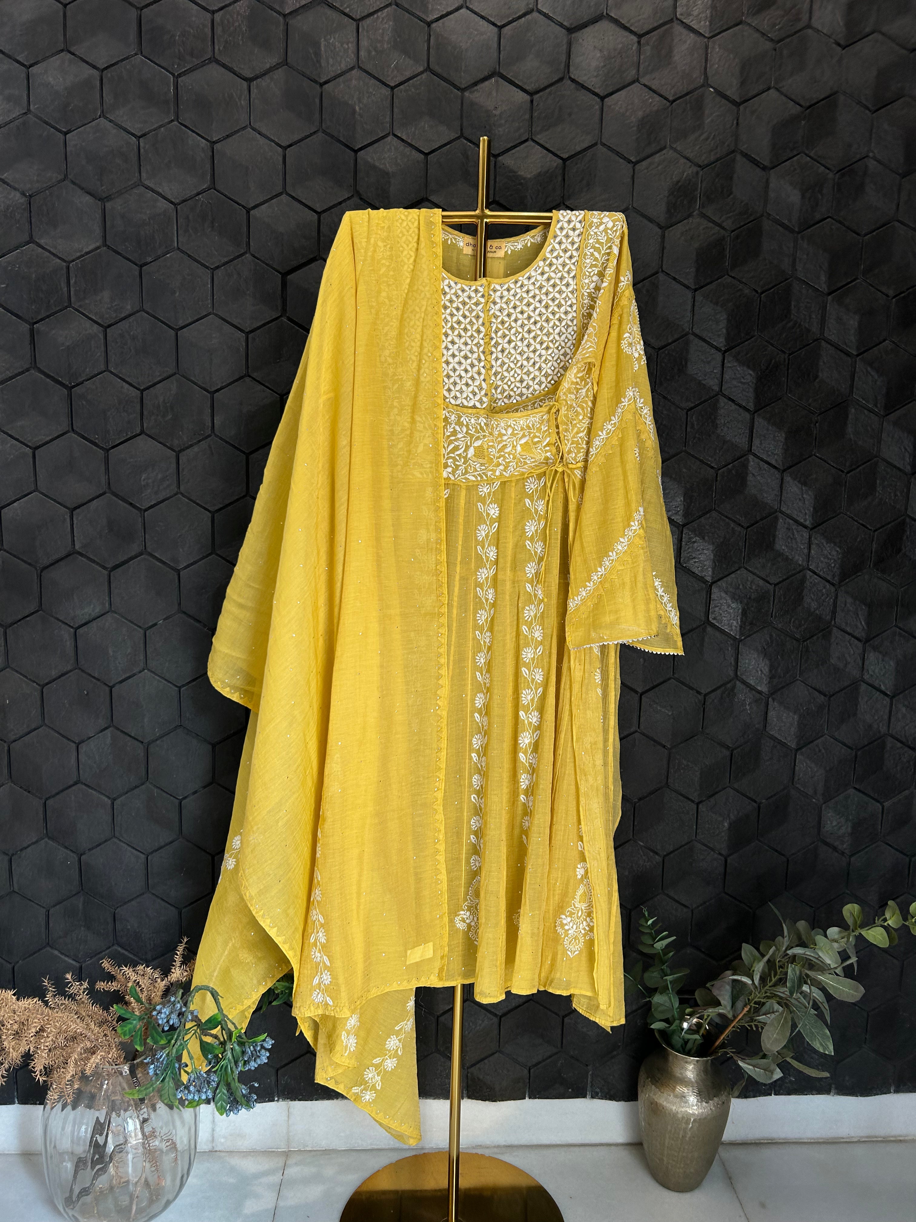 Yellow Tissue Chikankari A-line Kurta Set