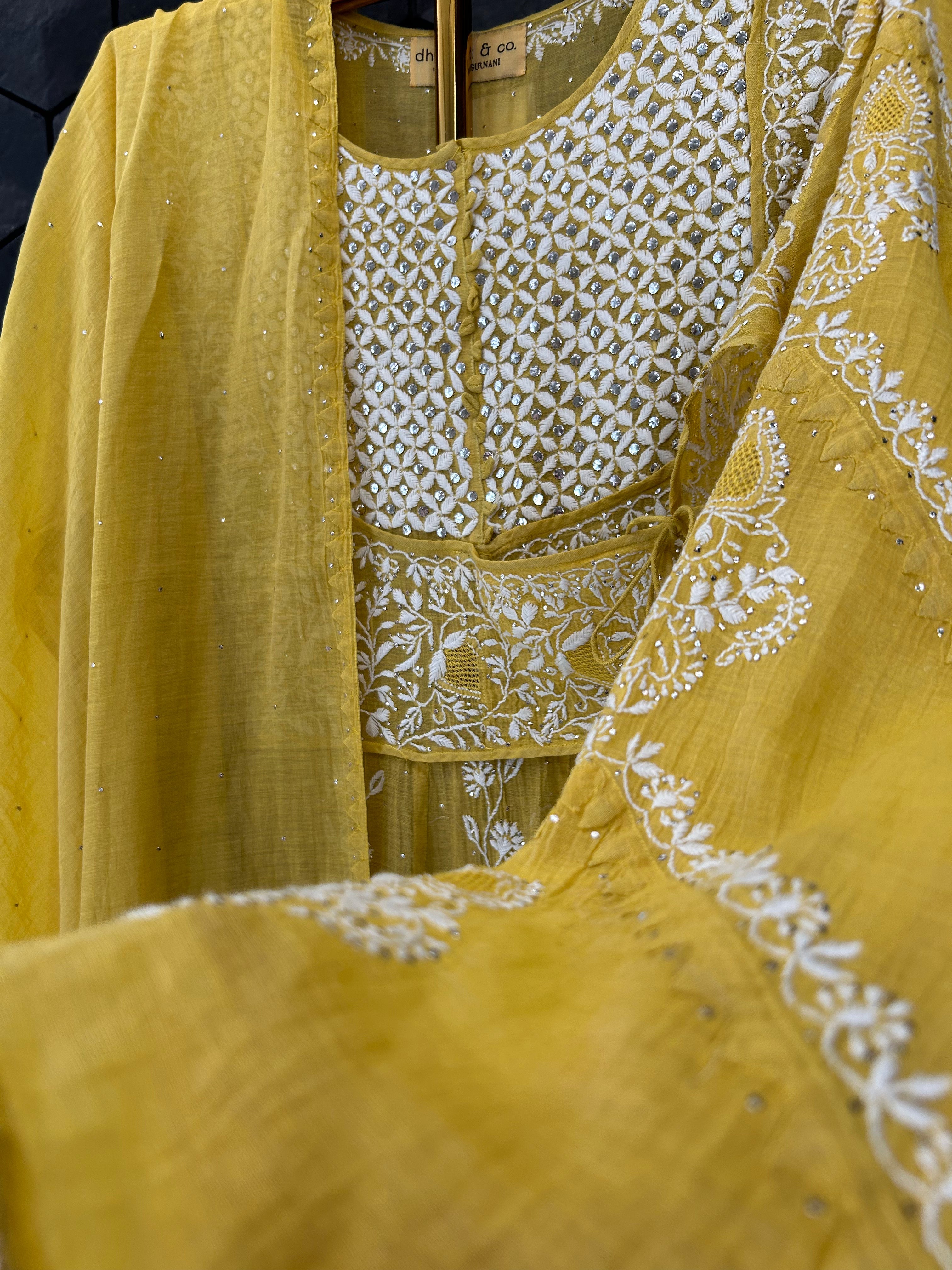 Yellow Tissue Chikankari A-line Kurta Set