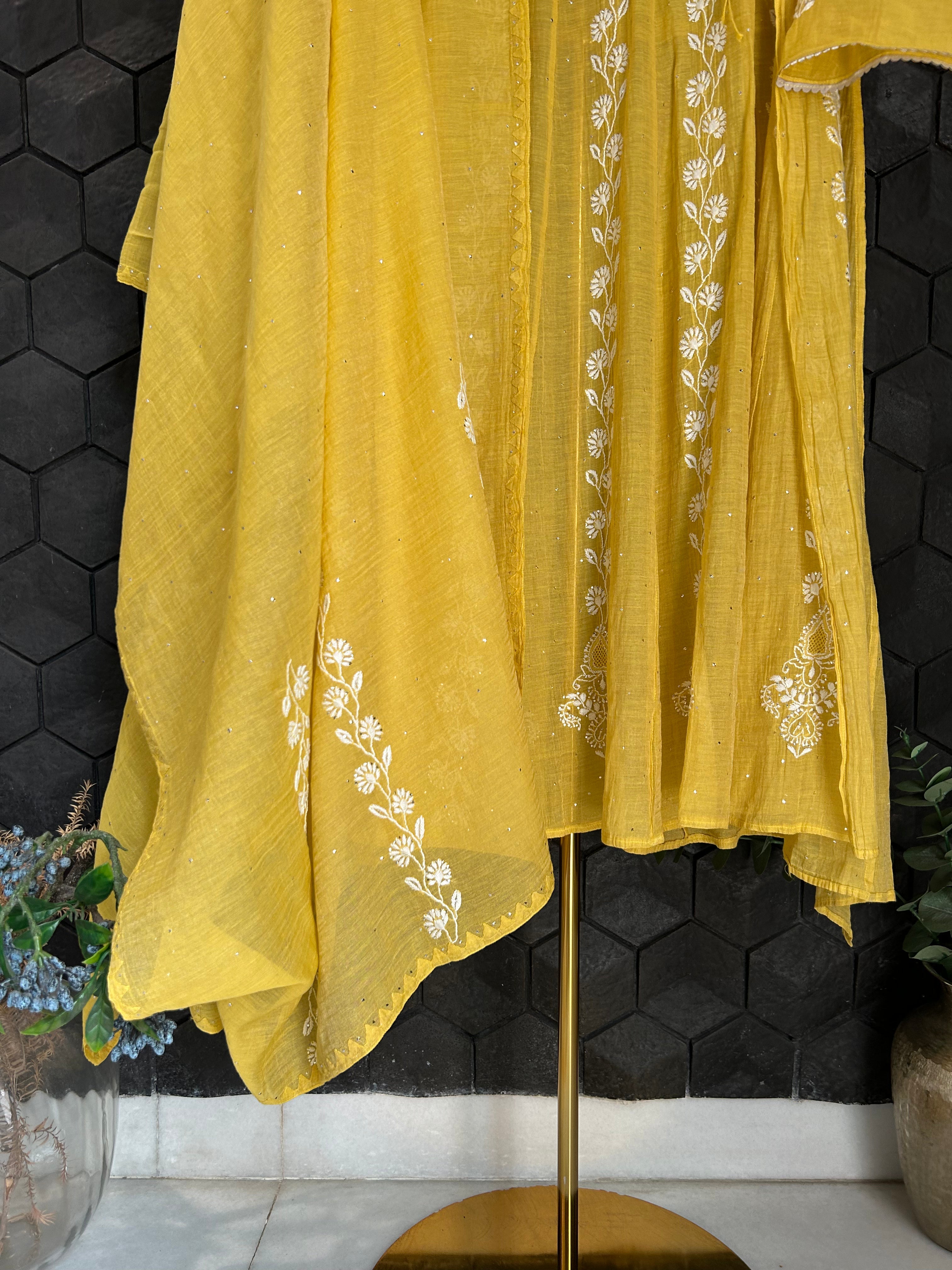 Yellow Tissue Chikankari A-line Kurta Set