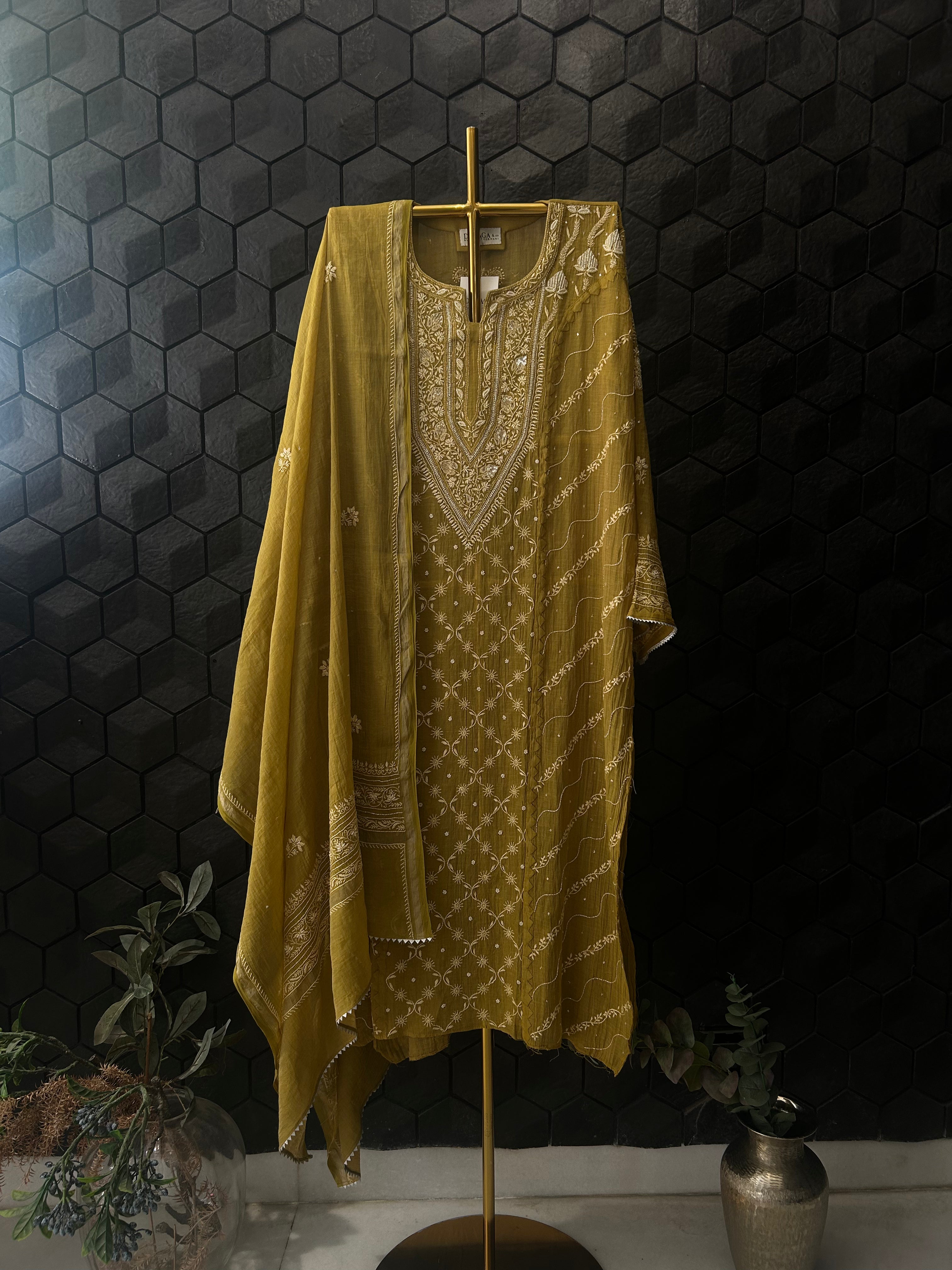 Olive Green Silver Tissue Chikankari Kurta Set