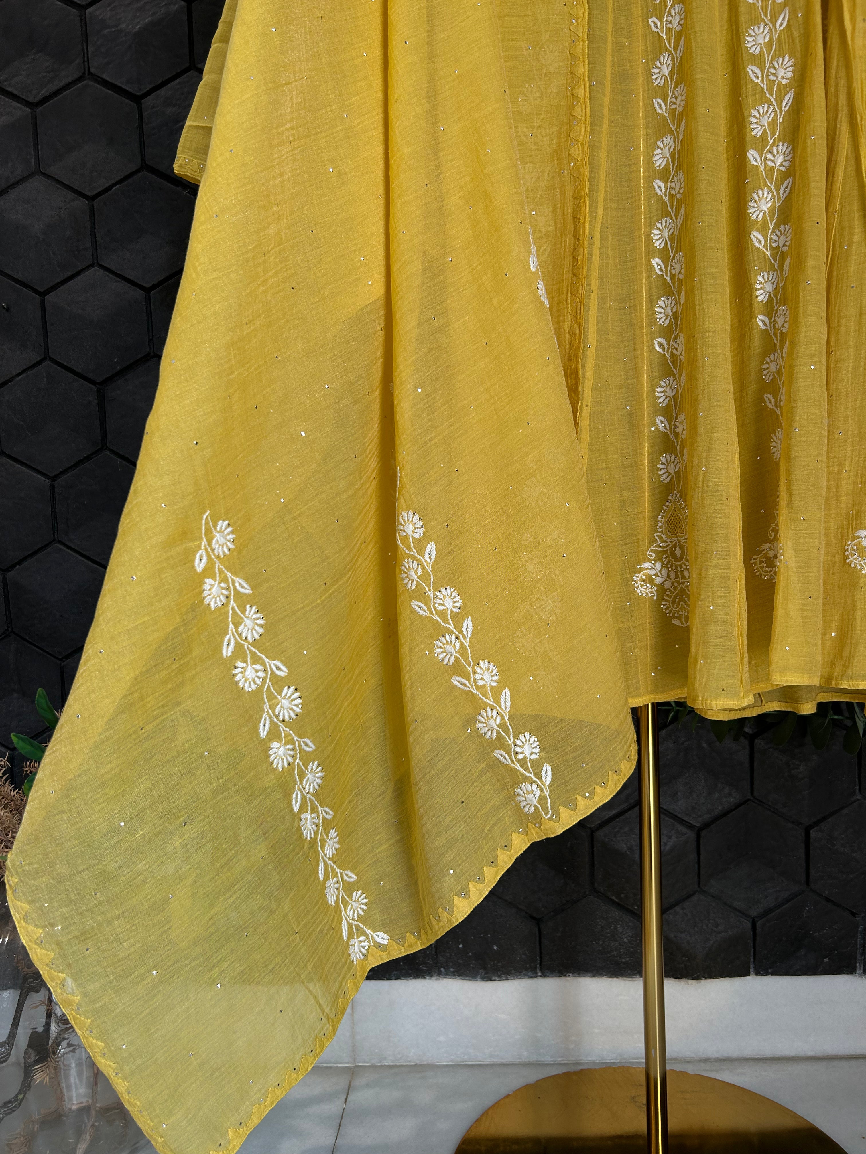 Yellow Tissue Chikankari A-line Kurta Set