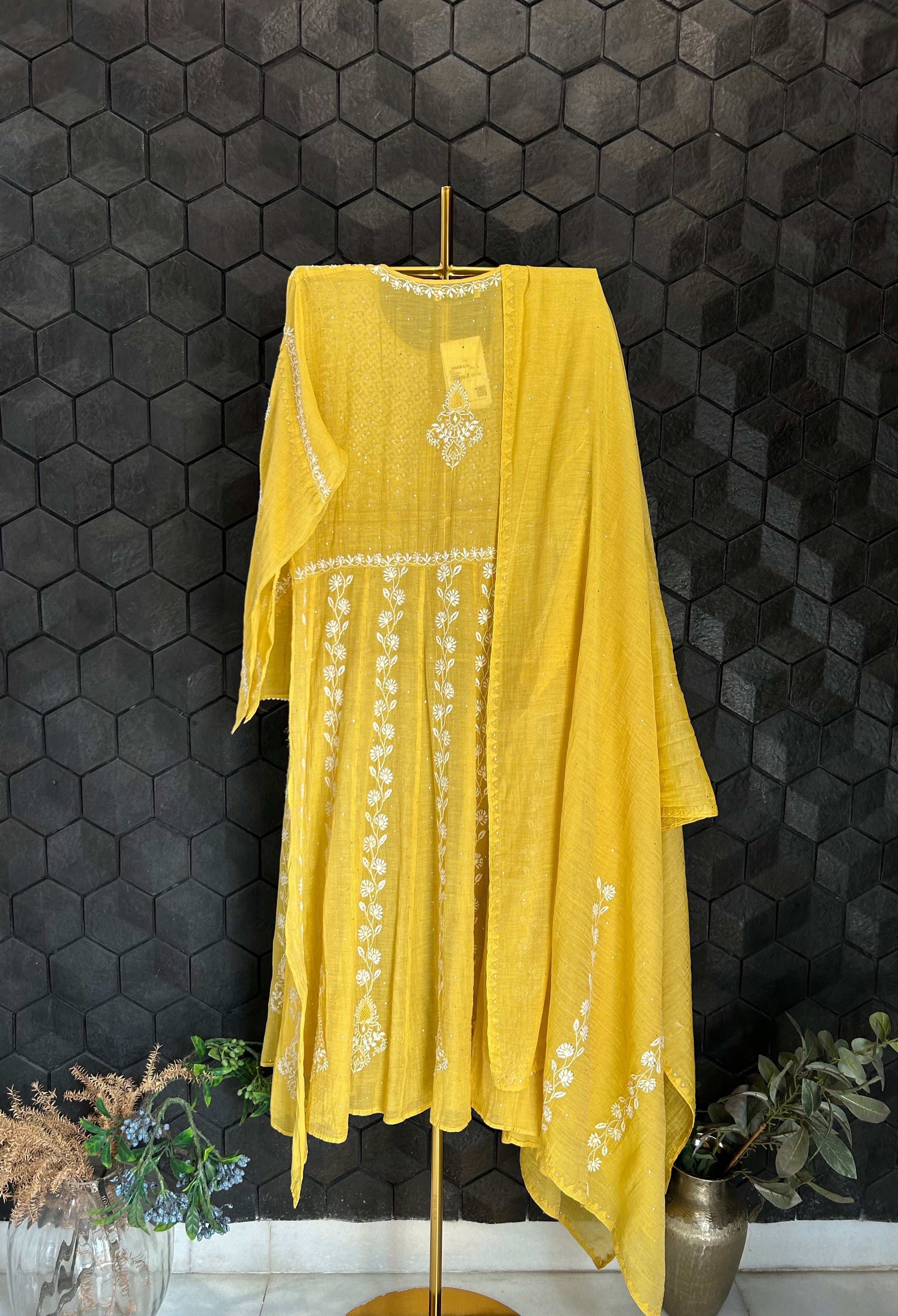 Yellow Tissue Chikankari A-line Kurta Set