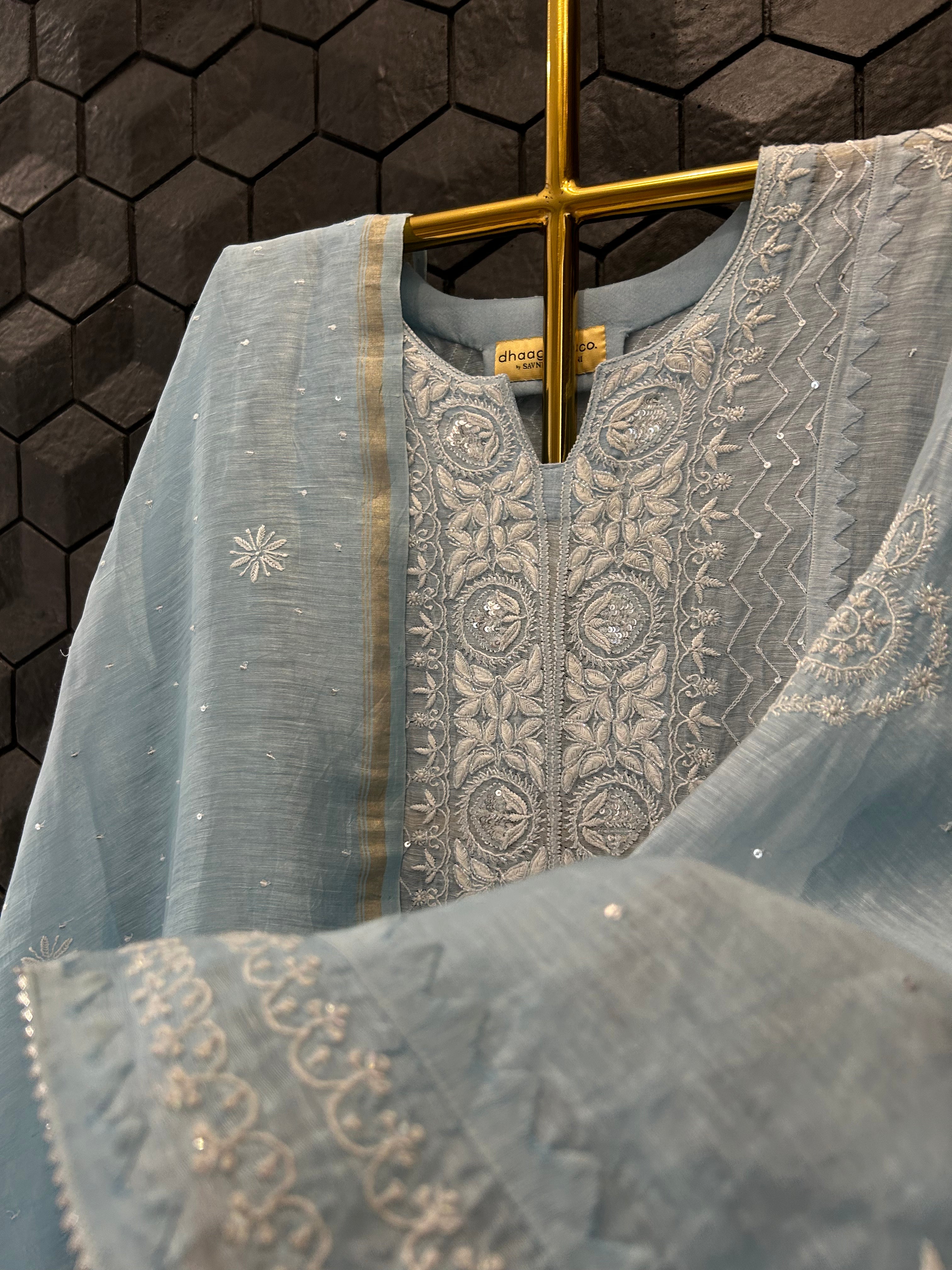 Sky Blue Linen Chikankari kurta Set