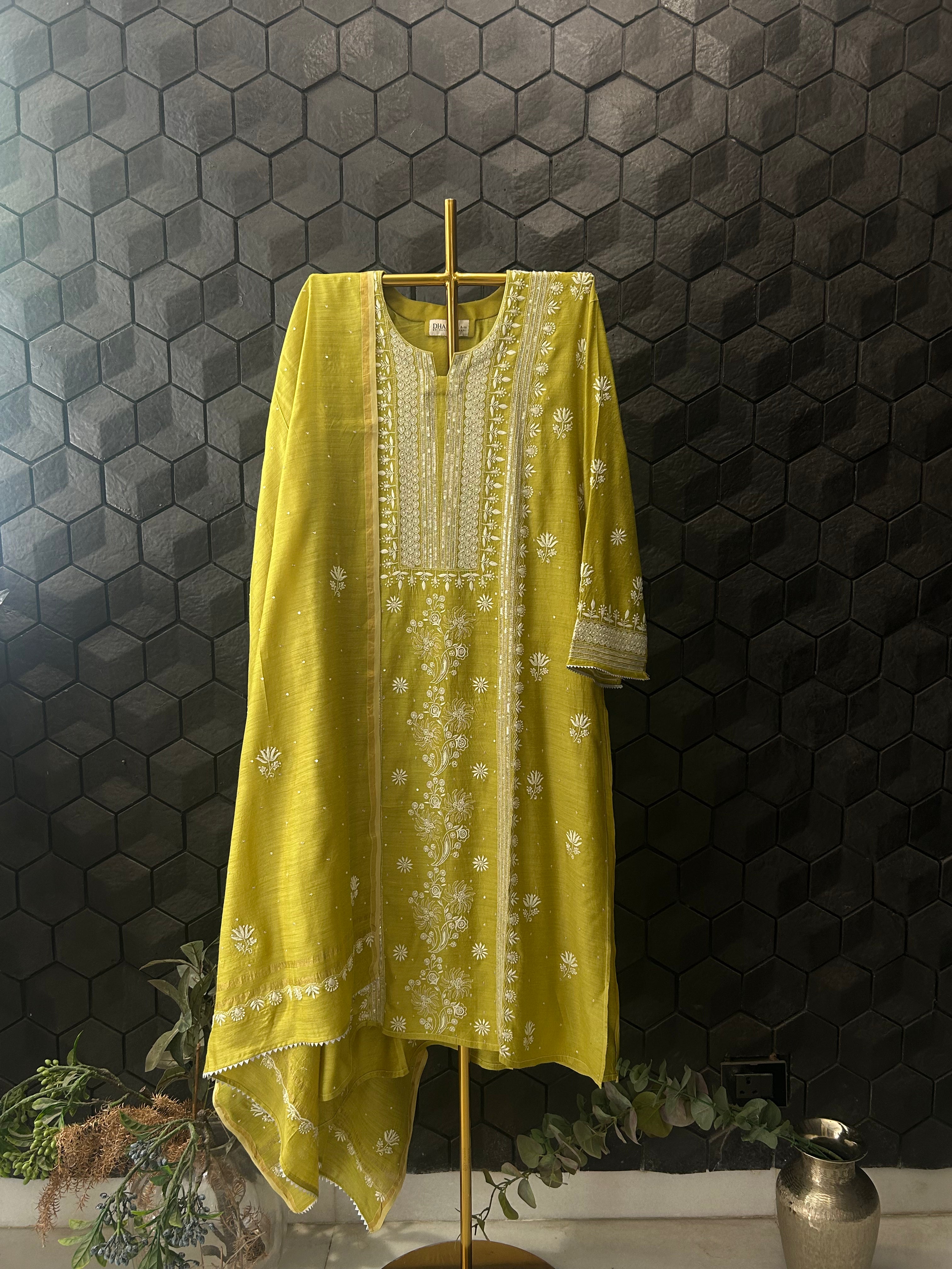 Lime Green Munga Silk Chikankari Kurta Set