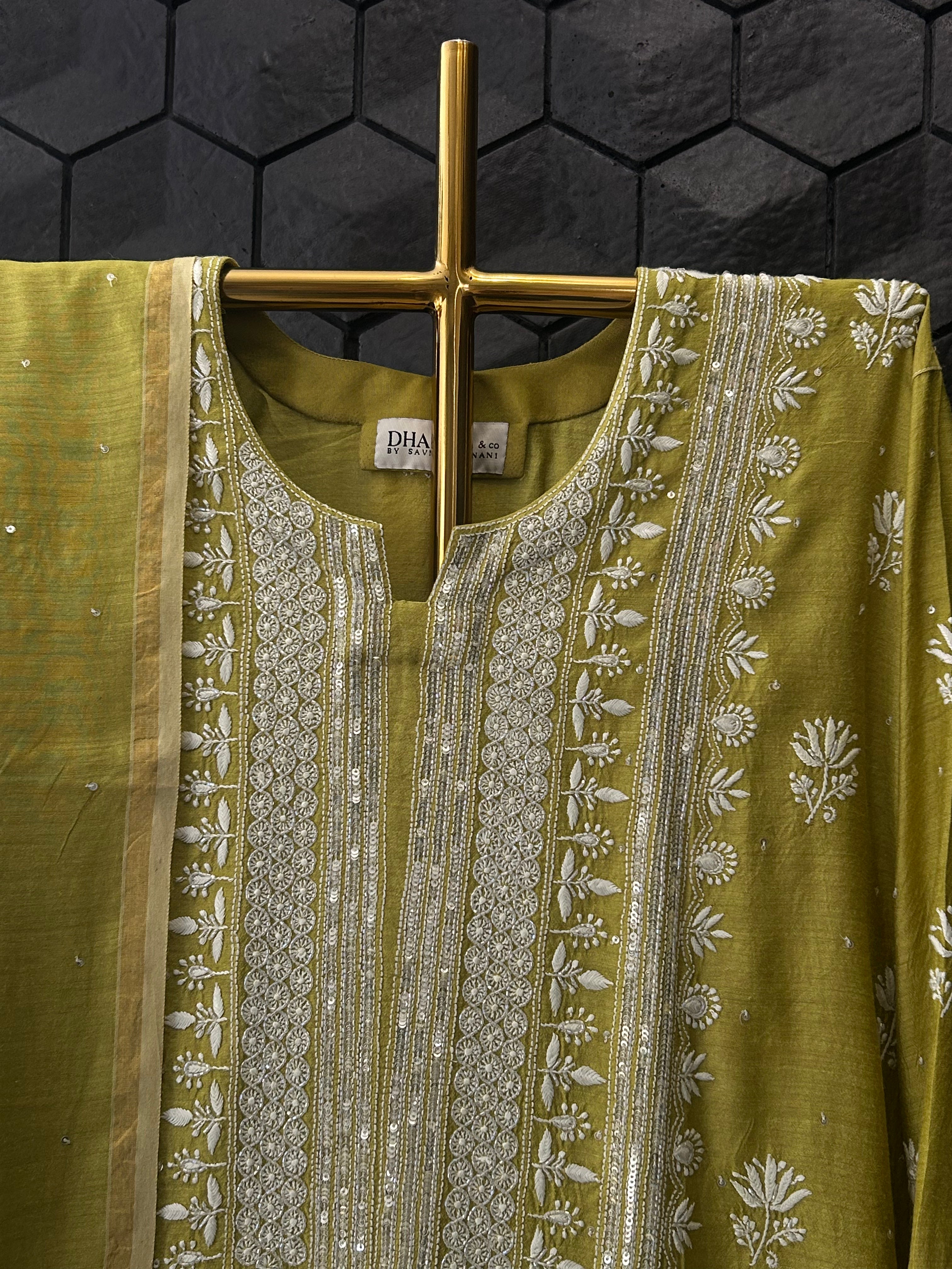 Lime Green Munga Silk Chikankari Kurta Set