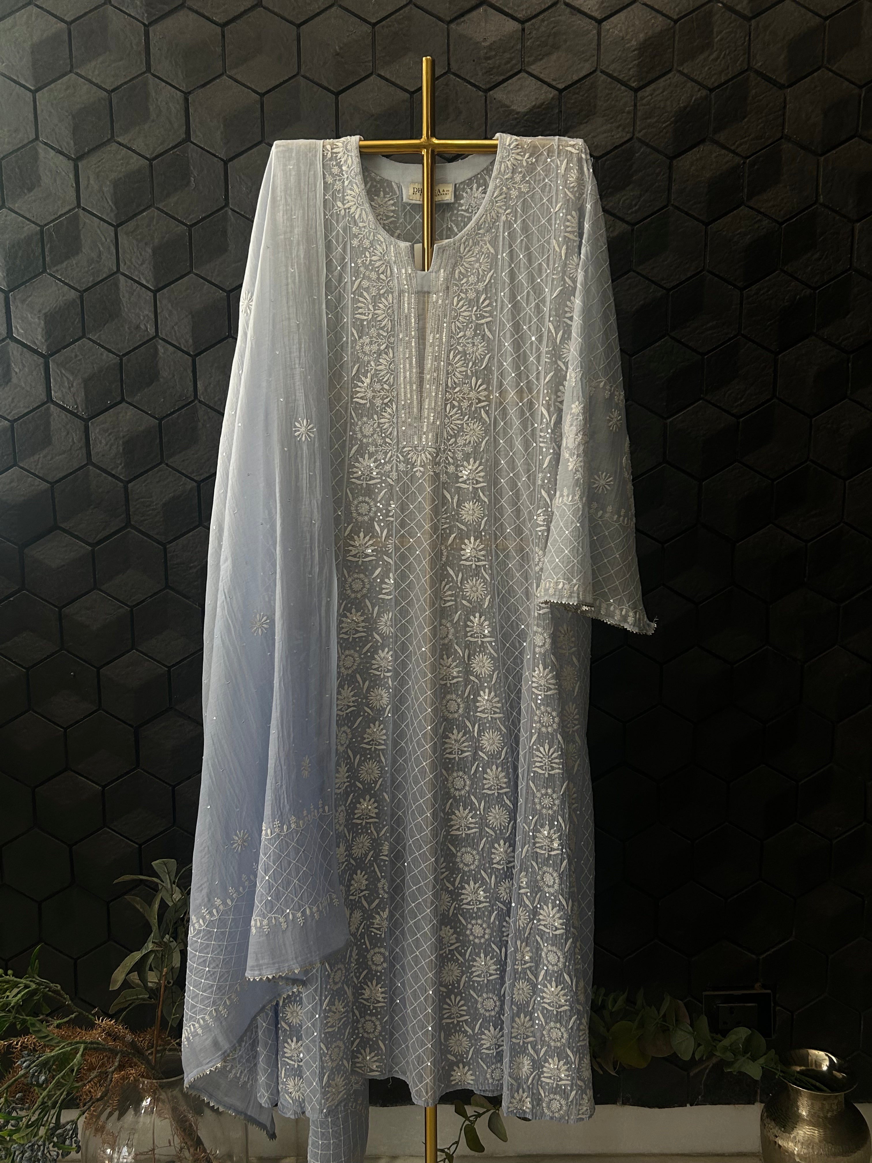 Powder Blue Mul Chanderi Chikankari Anarkali Set