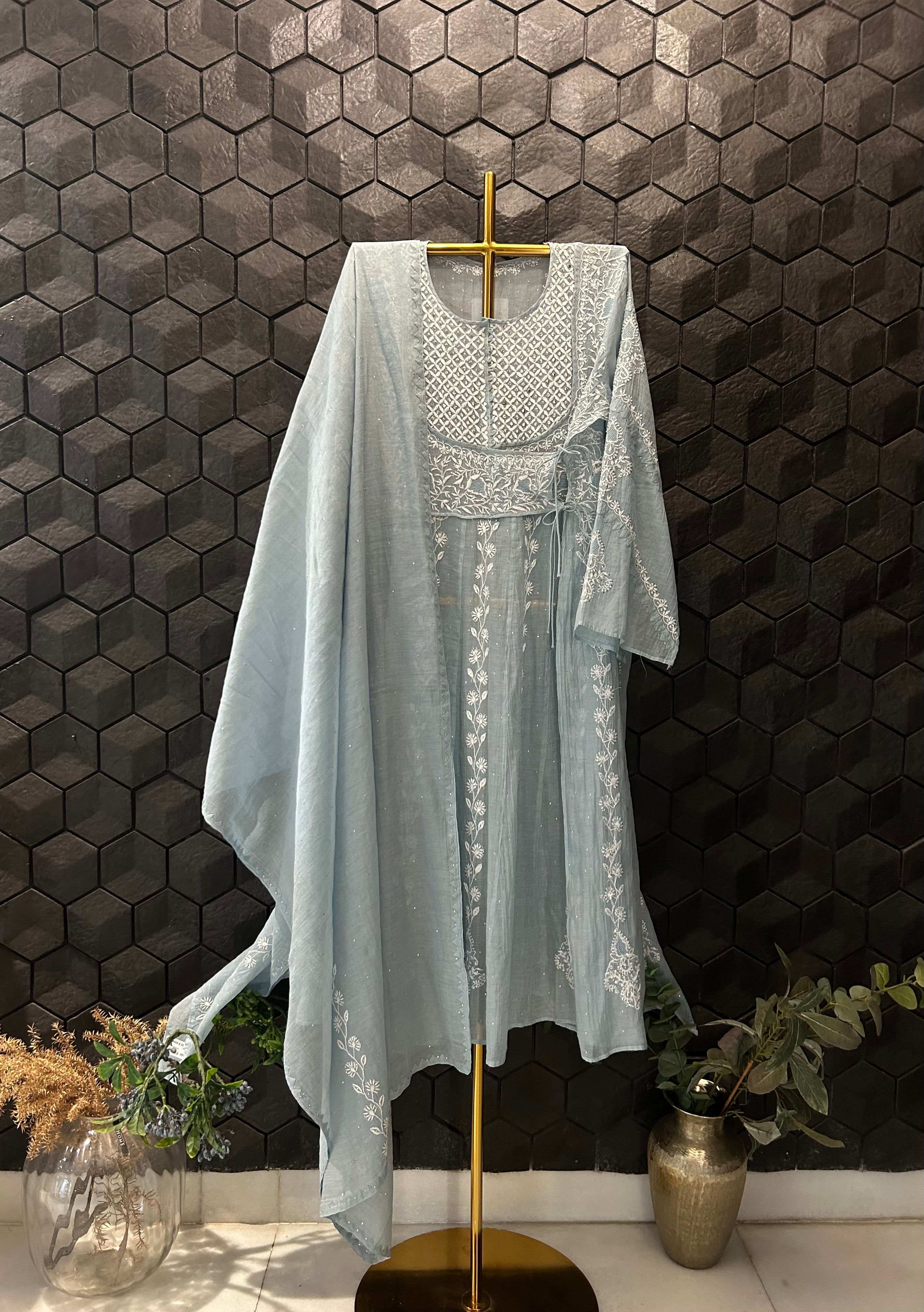 POWDER BLUE TISSUE CHIKANKARI ANGARAKHA KURTA SET