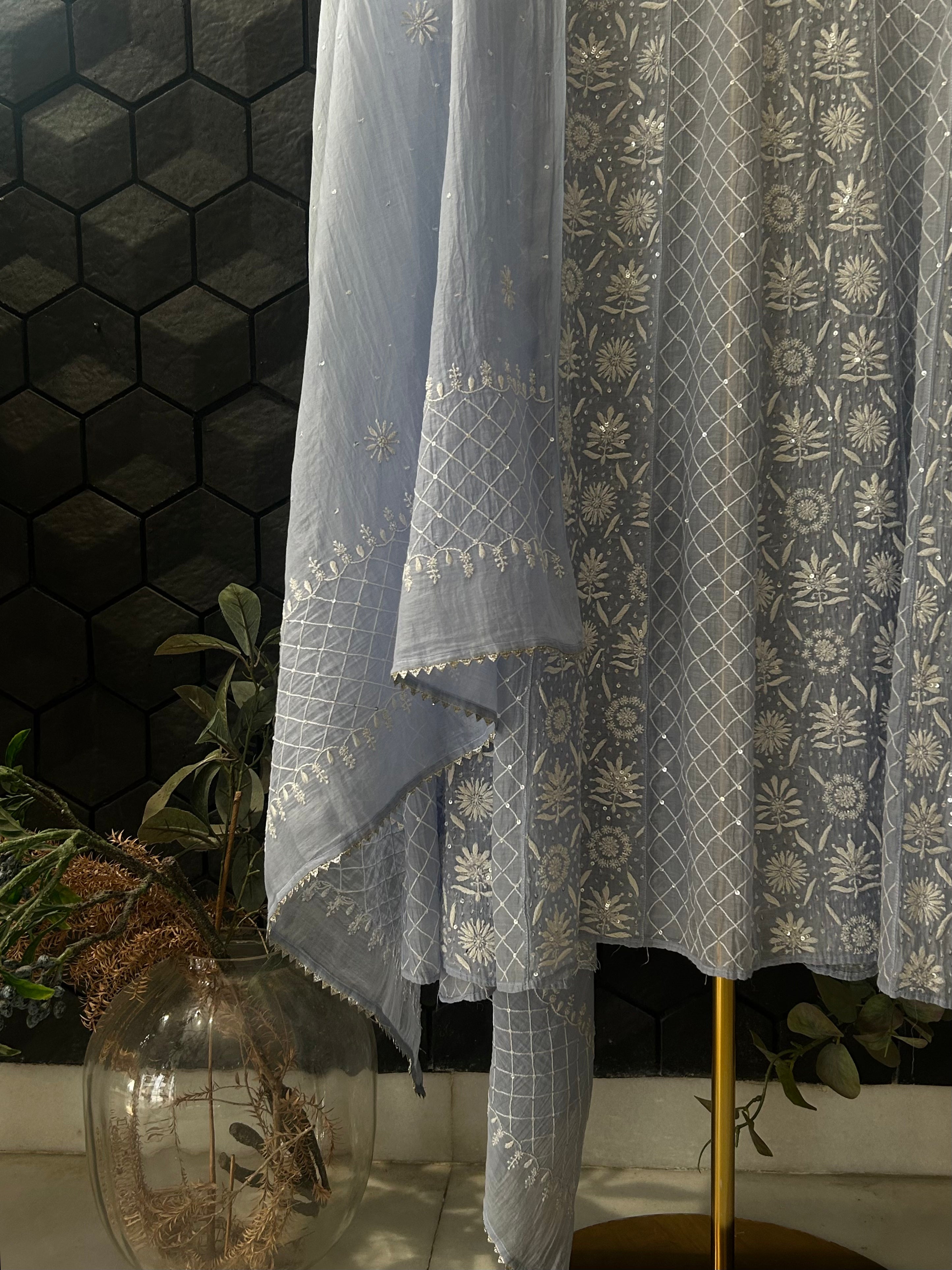 Powder Blue Mul Chanderi Chikankari Anarkali Set