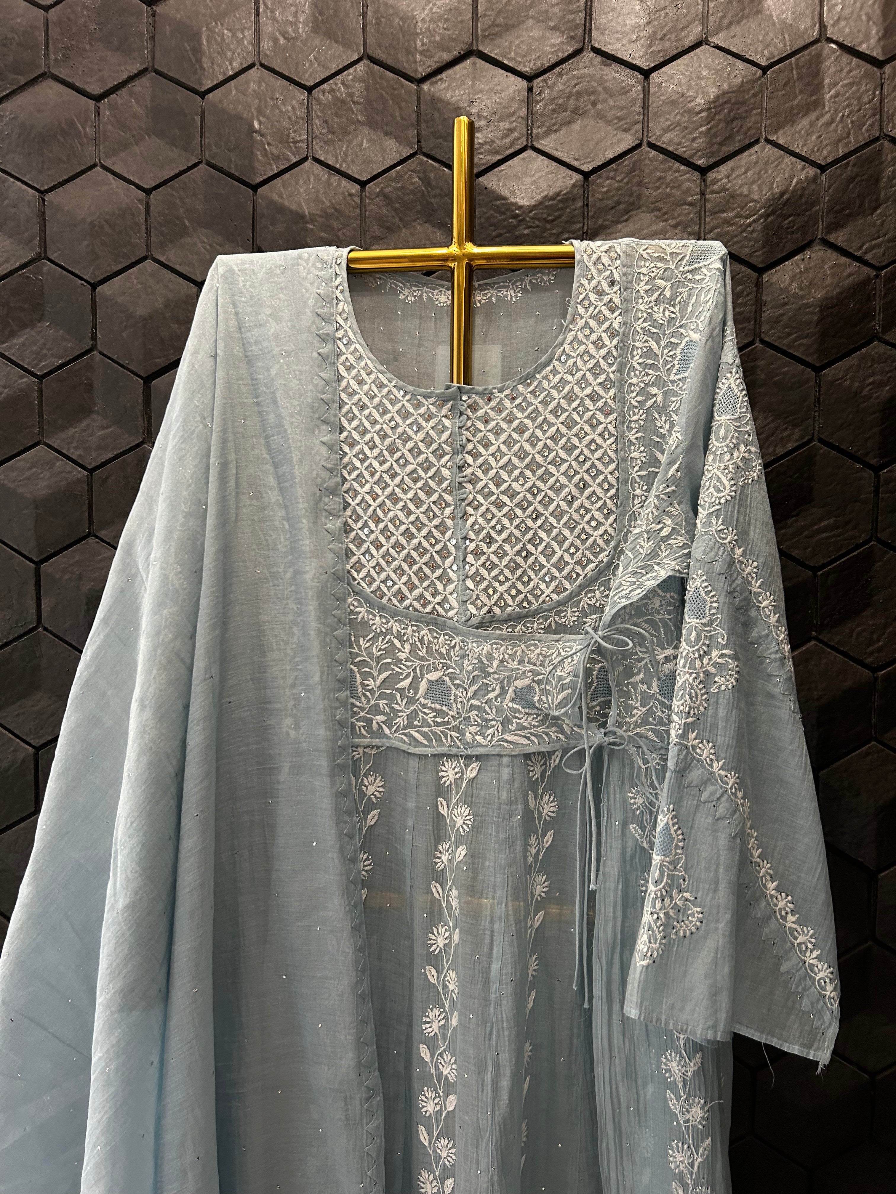 POWDER BLUE TISSUE CHIKANKARI ANGARAKHA KURTA SET