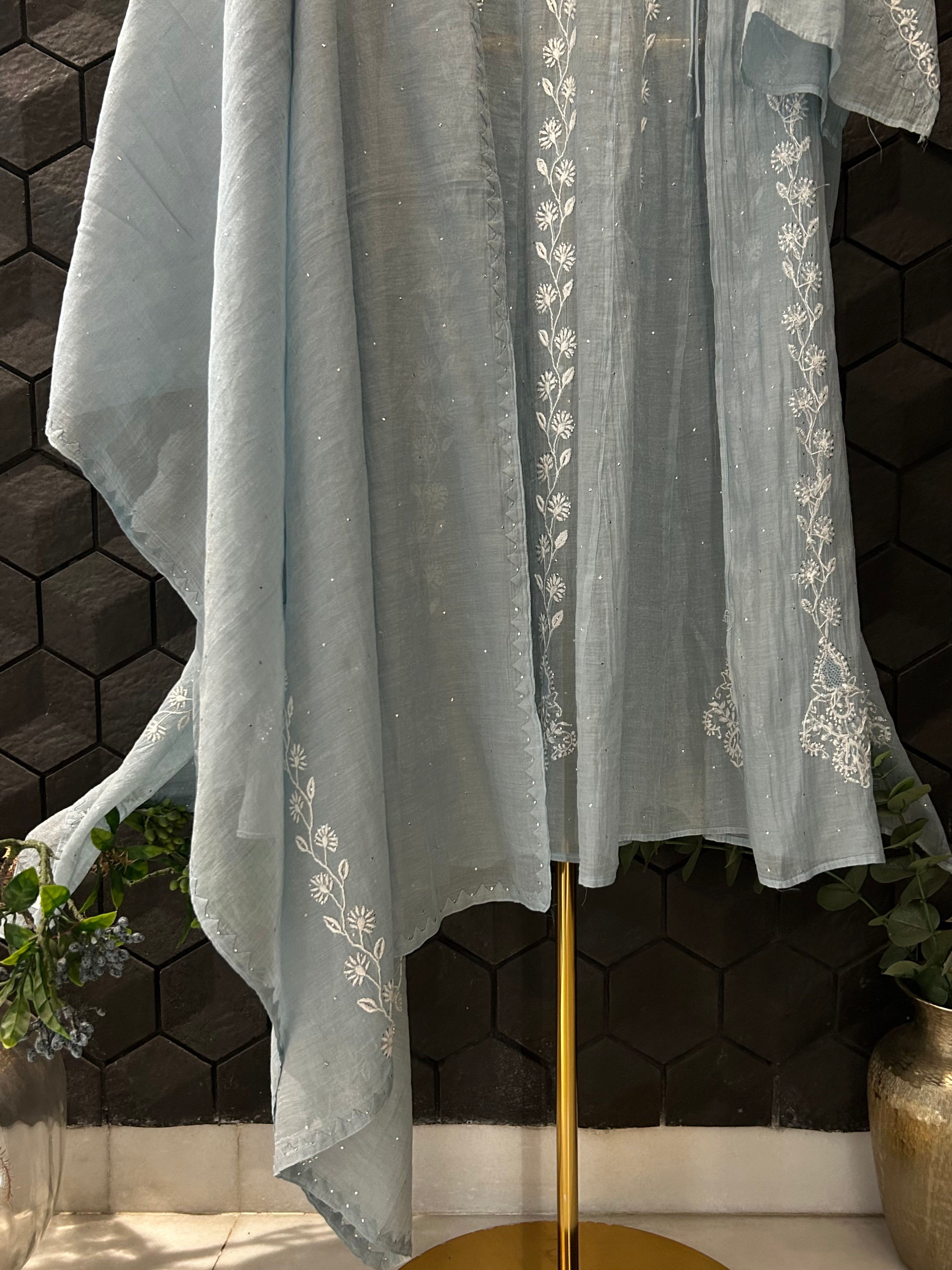 POWDER BLUE TISSUE CHIKANKARI ANGARAKHA KURTA SET