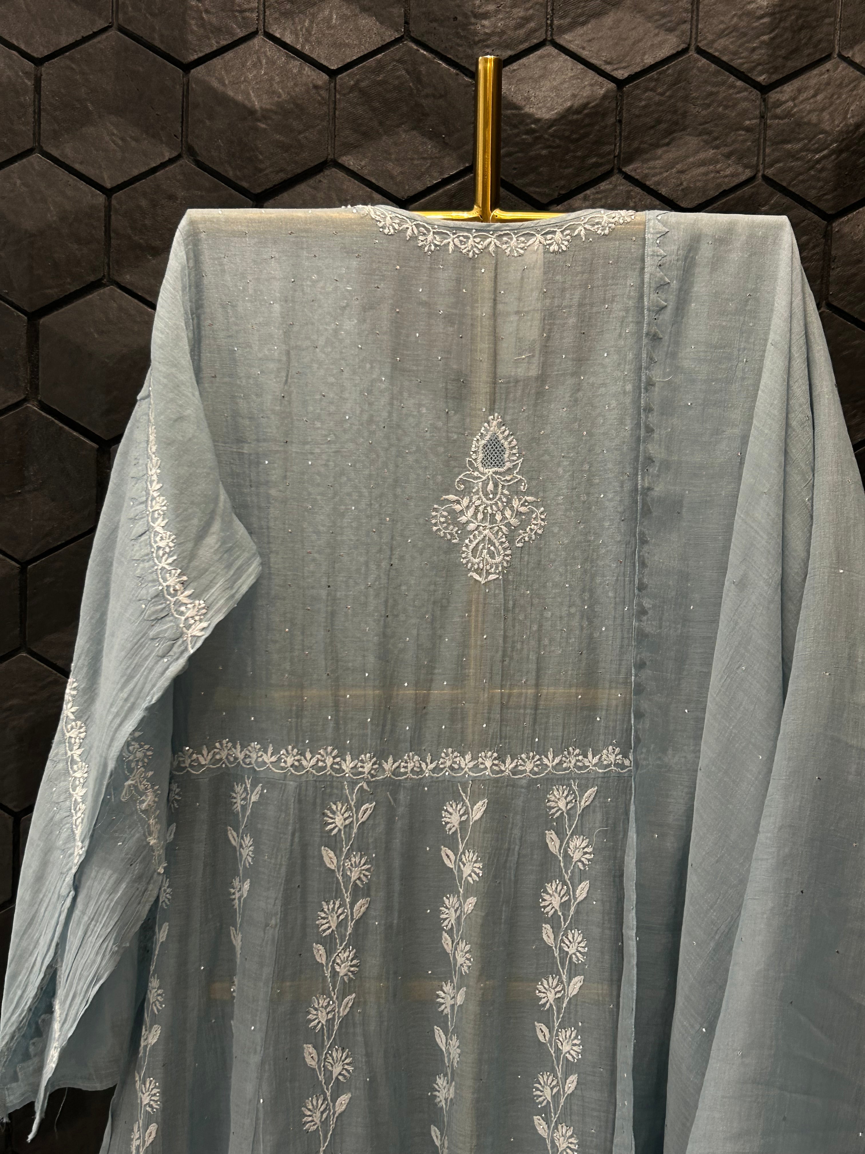 POWDER BLUE TISSUE CHIKANKARI ANGARAKHA KURTA SET