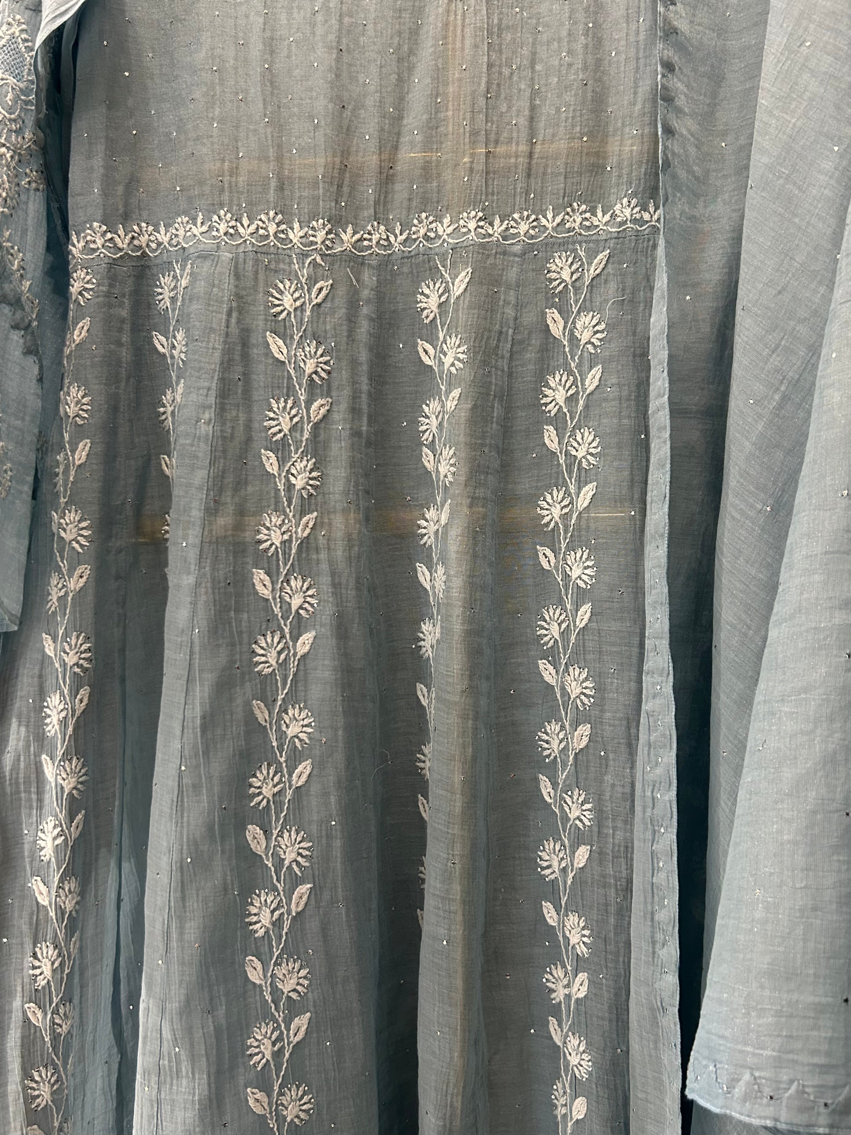 POWDER BLUE TISSUE CHIKANKARI ANGARAKHA KURTA SET