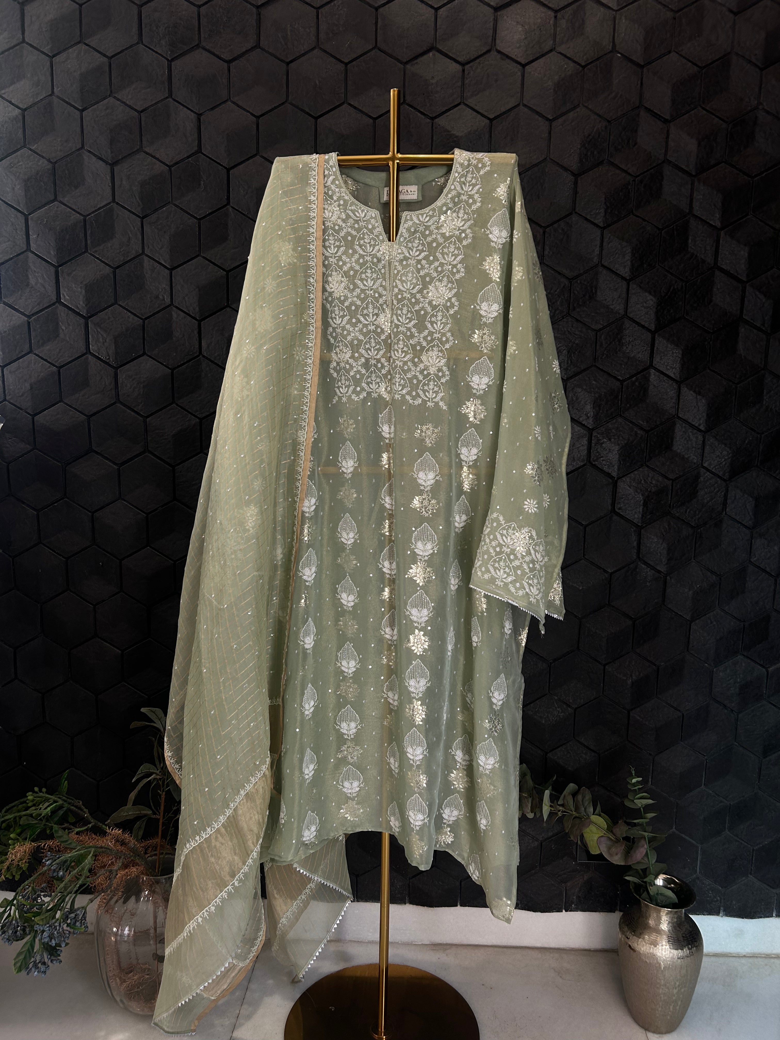 Sea Green Shimmer Organza Chikankari Kurta Set