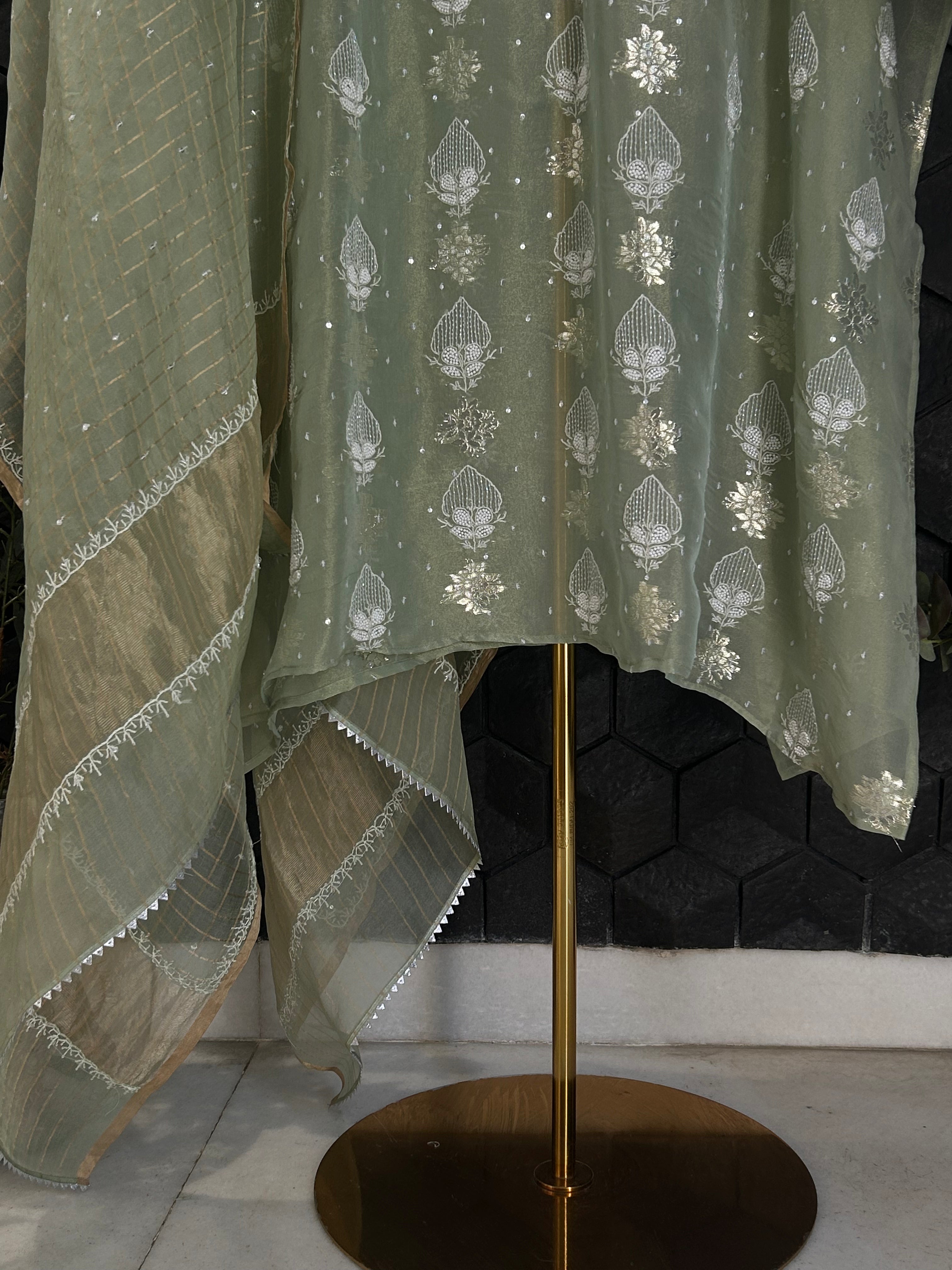 Sea Green Shimmer Organza Chikankari Kurta Set