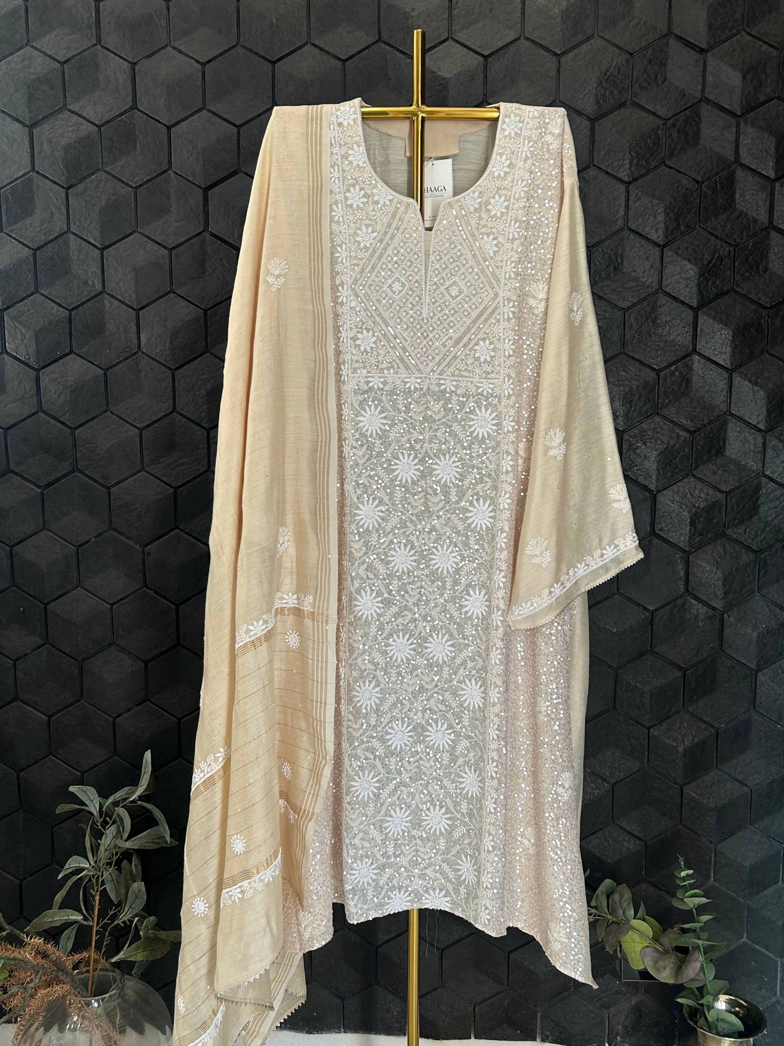 Natural Munga Silk Chikankari Kurta Set