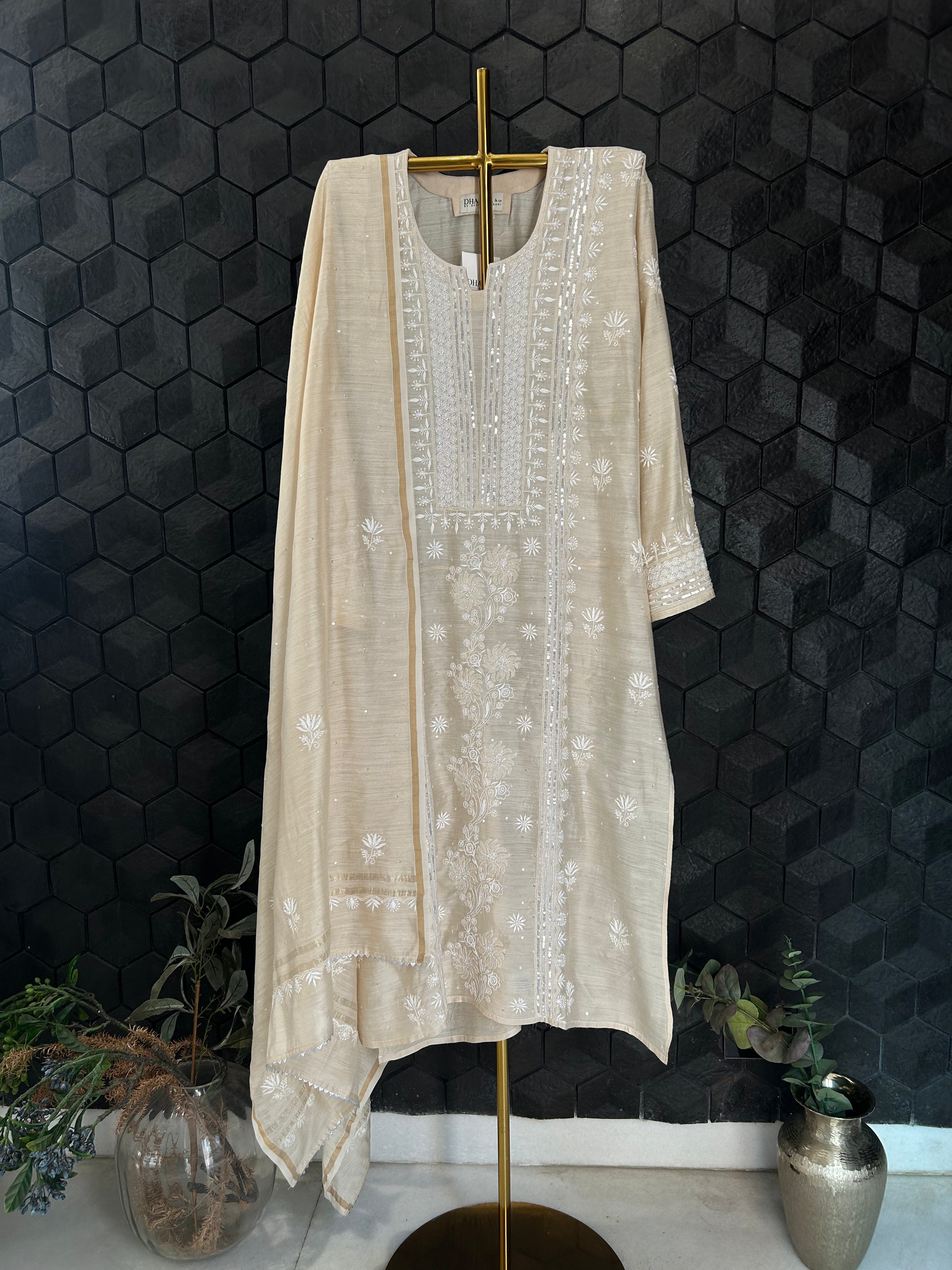 Natural Munga Silk Chikankari Kurta Set