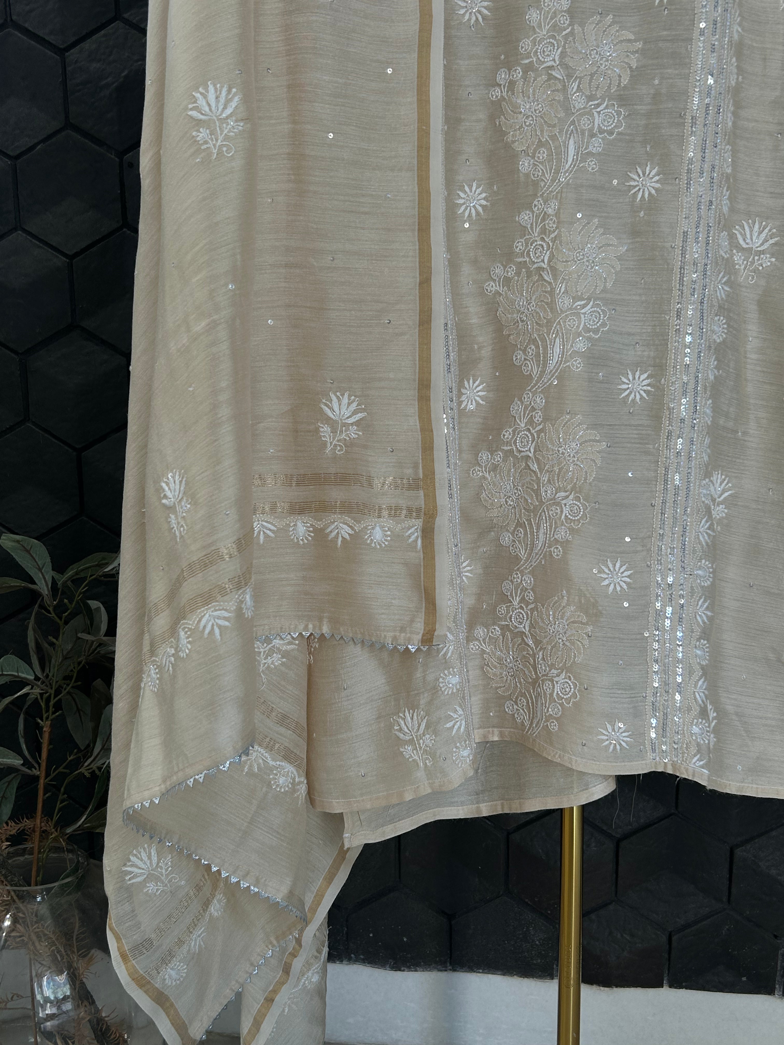 Natural Munga Silk Chikankari Kurta Set