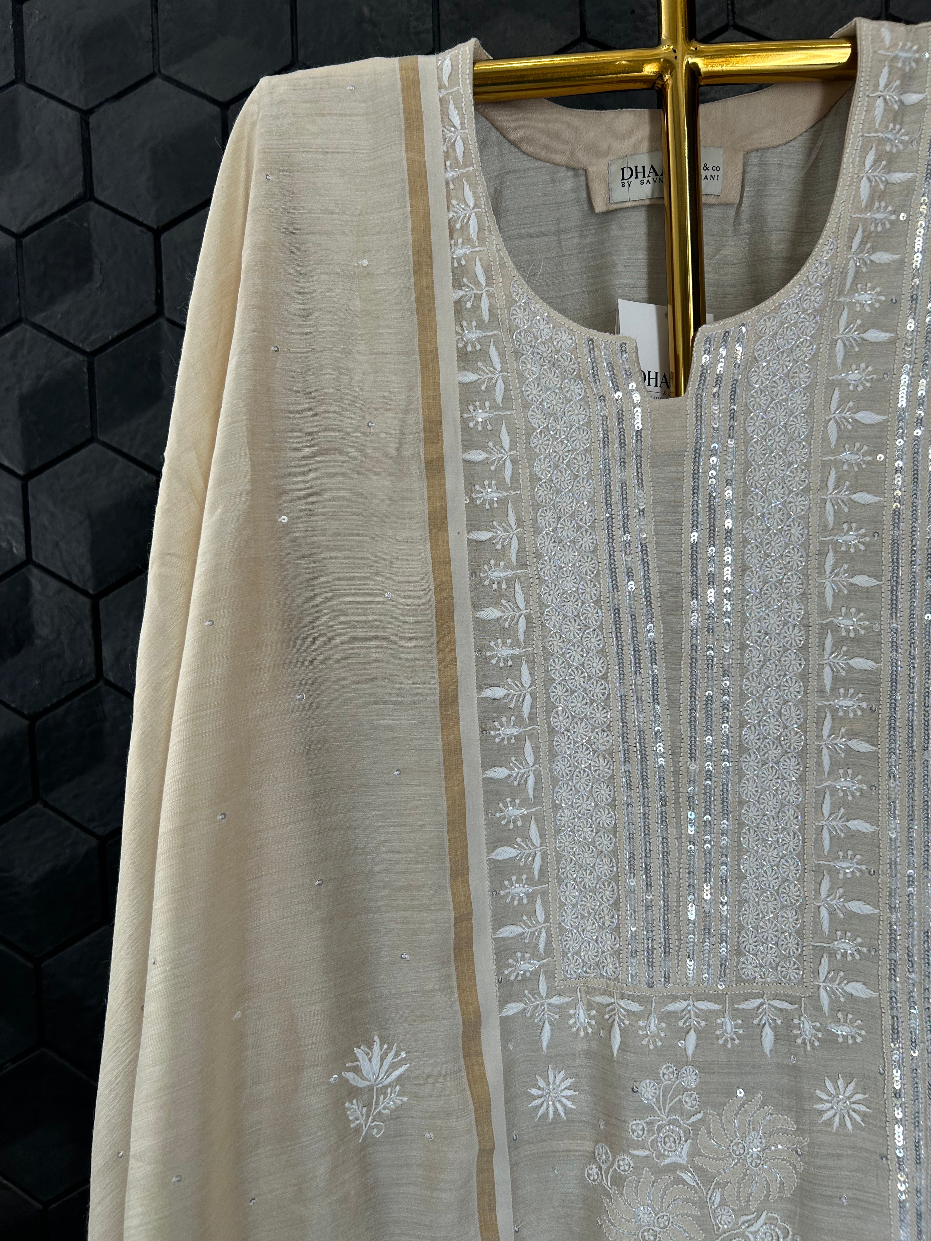 Natural Munga Silk Chikankari Kurta Set