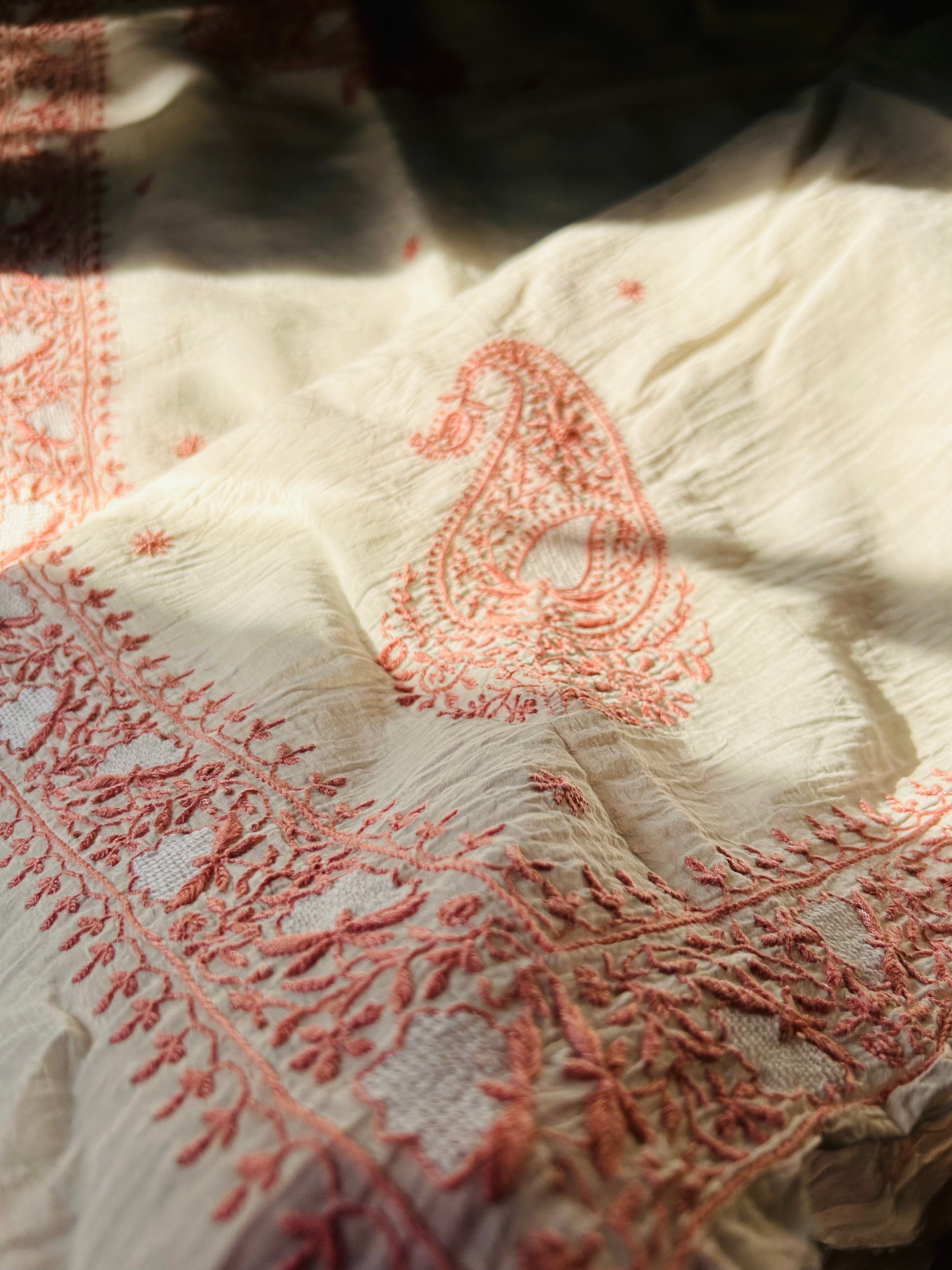 Pink Thread Mul Chanderi Chikankari Saree