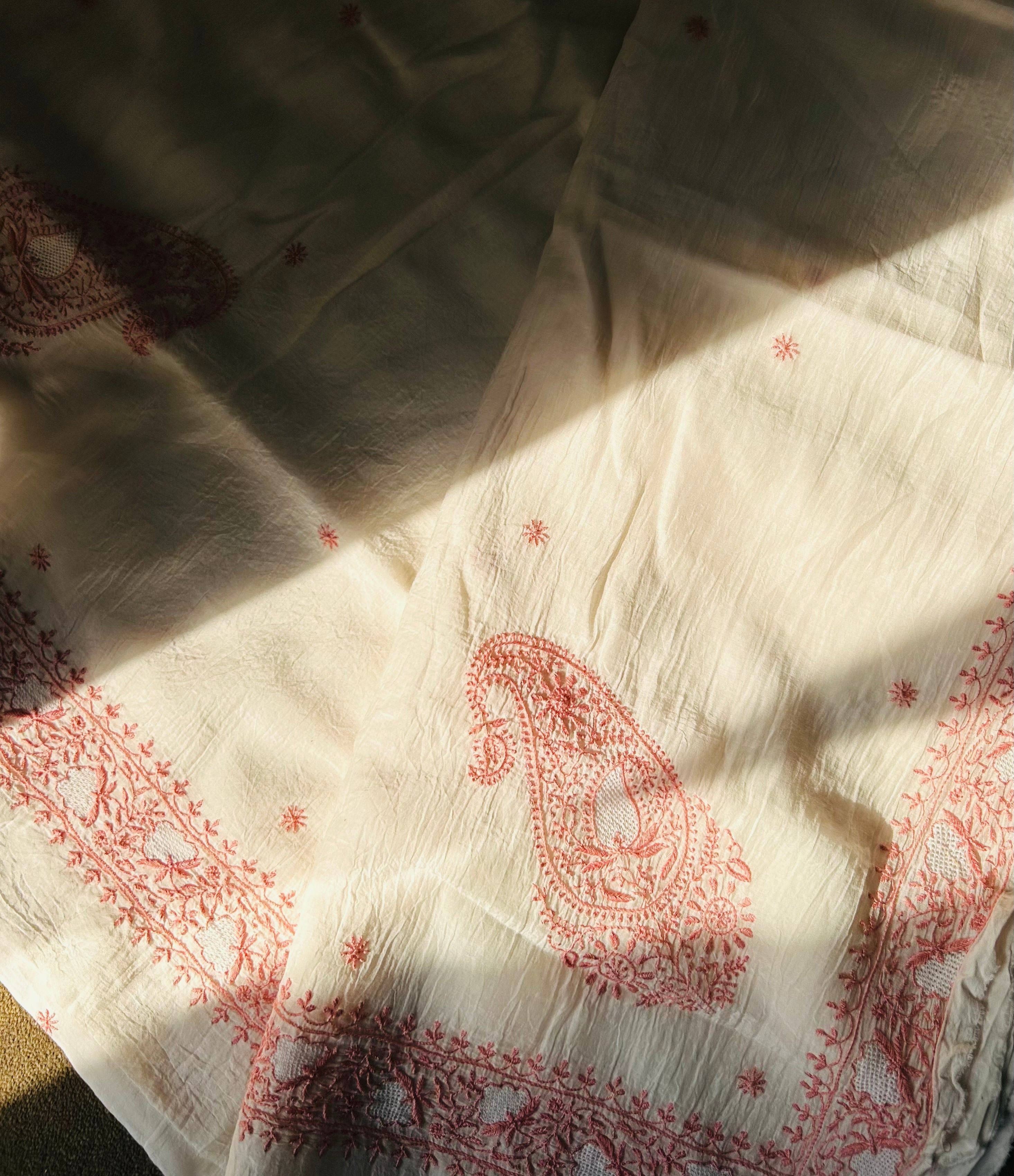 Pink Thread Mul Chanderi Chikankari Saree