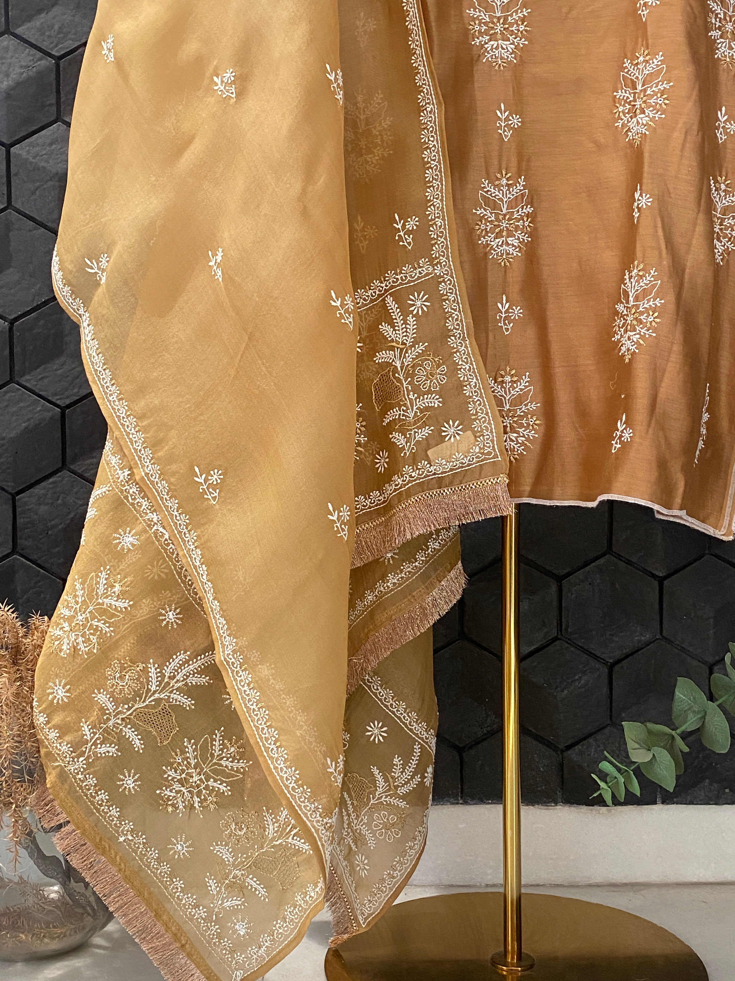 Gold Chanderi Chikankari Kurta Set