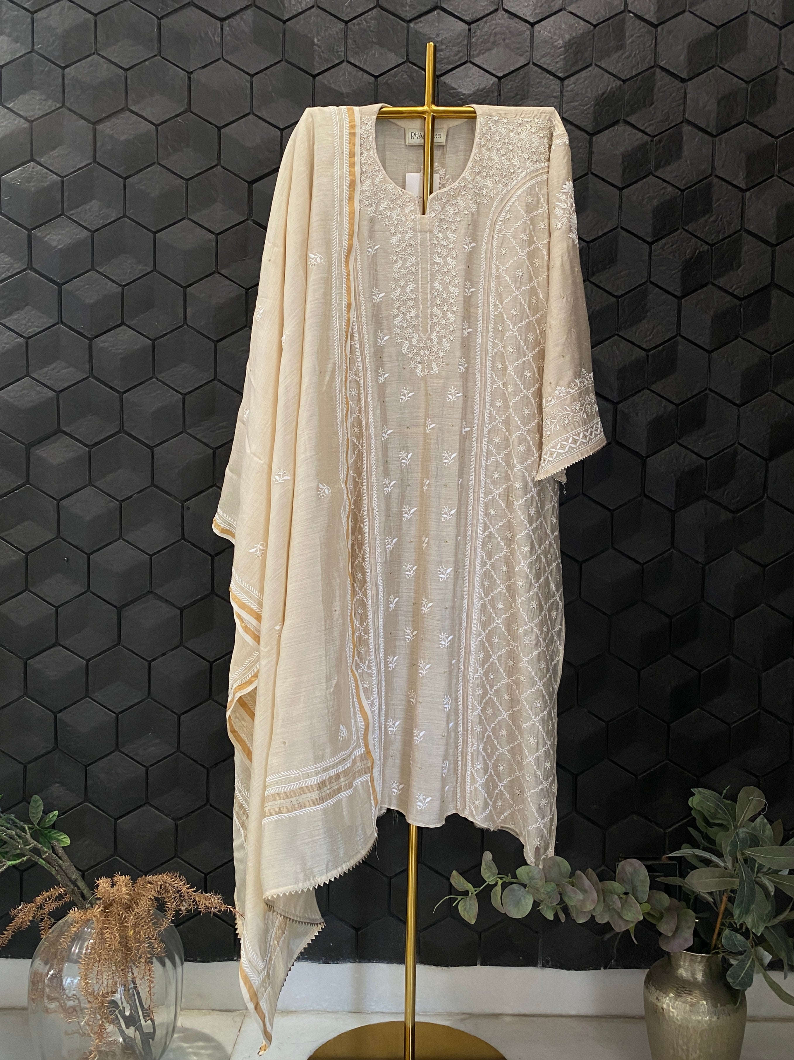 Beige Munga Silk Chikankari Kurta Set