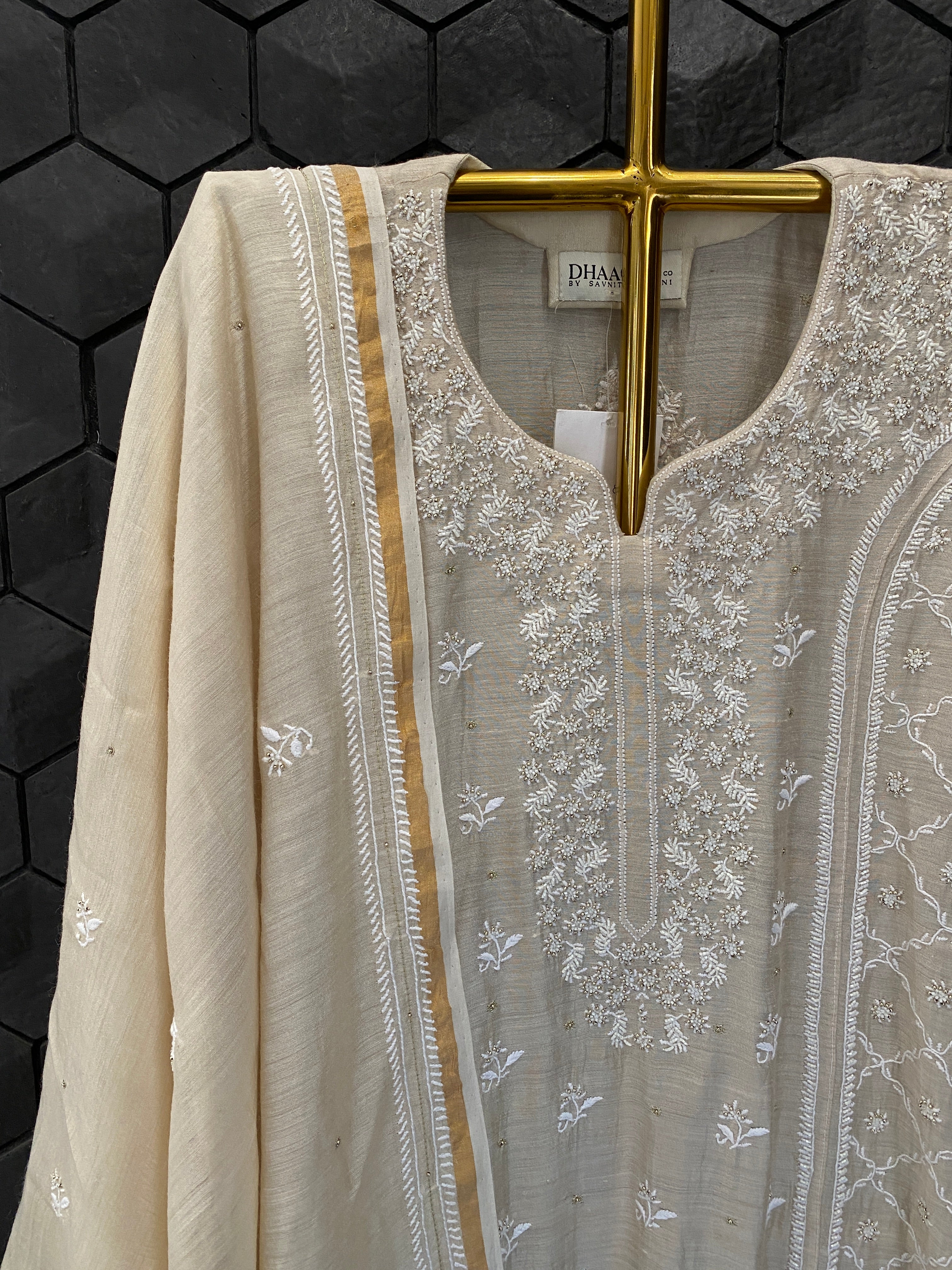 Beige Munga Silk Chikankari Kurta Set