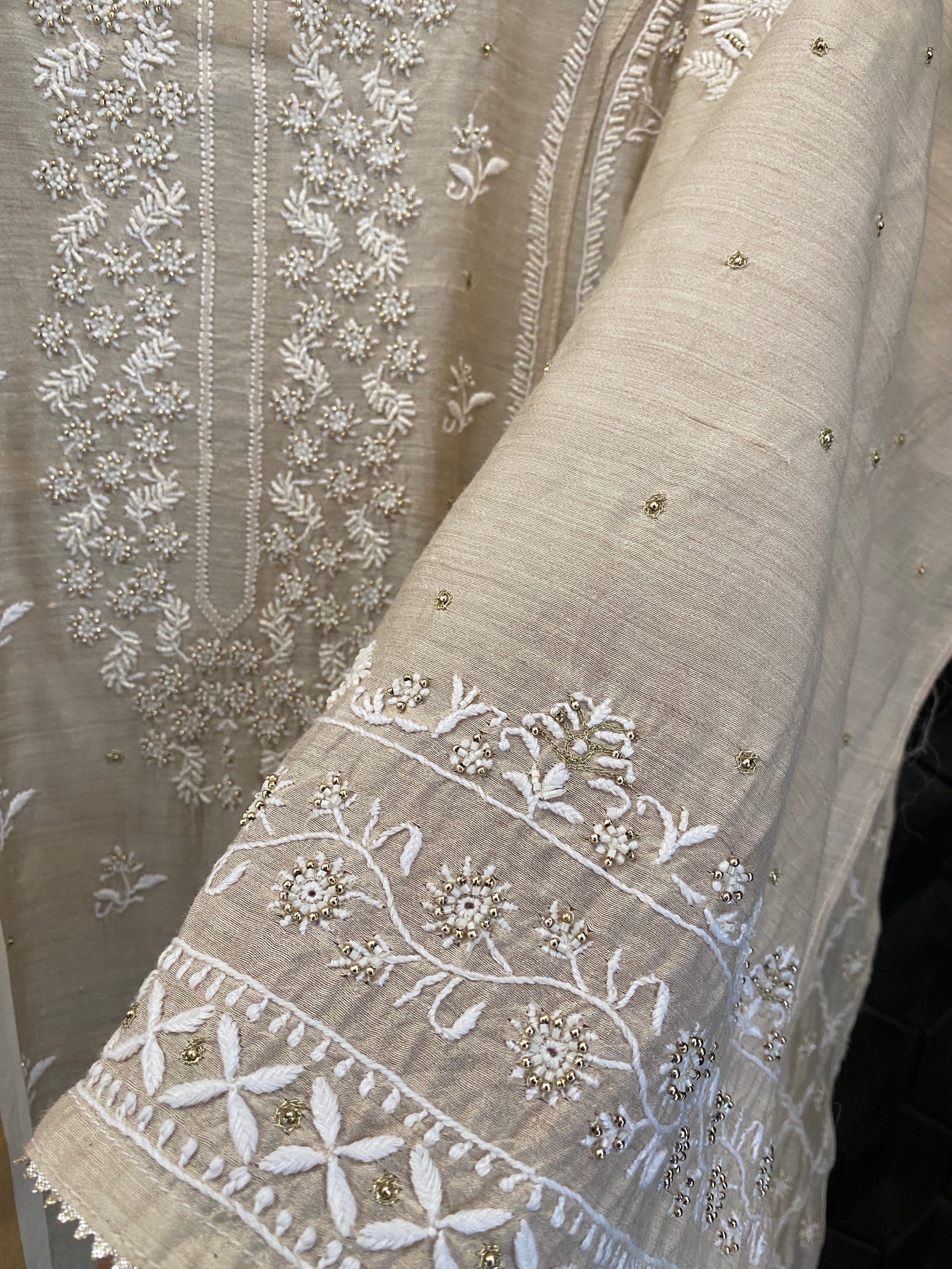 Beige Munga Silk Chikankari Kurta Set