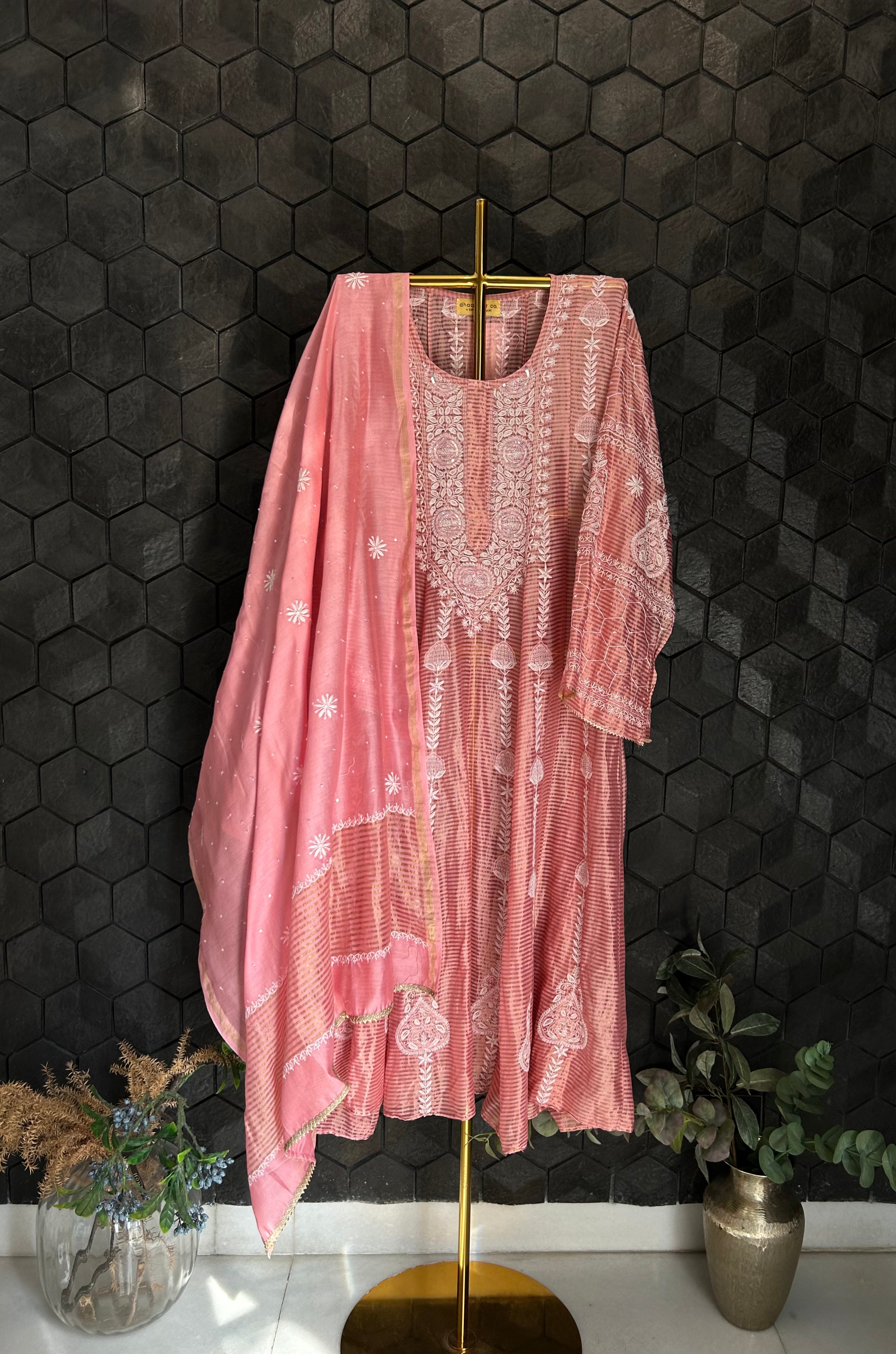 Pink  Striped Tissue Chikankari Anarkali Set