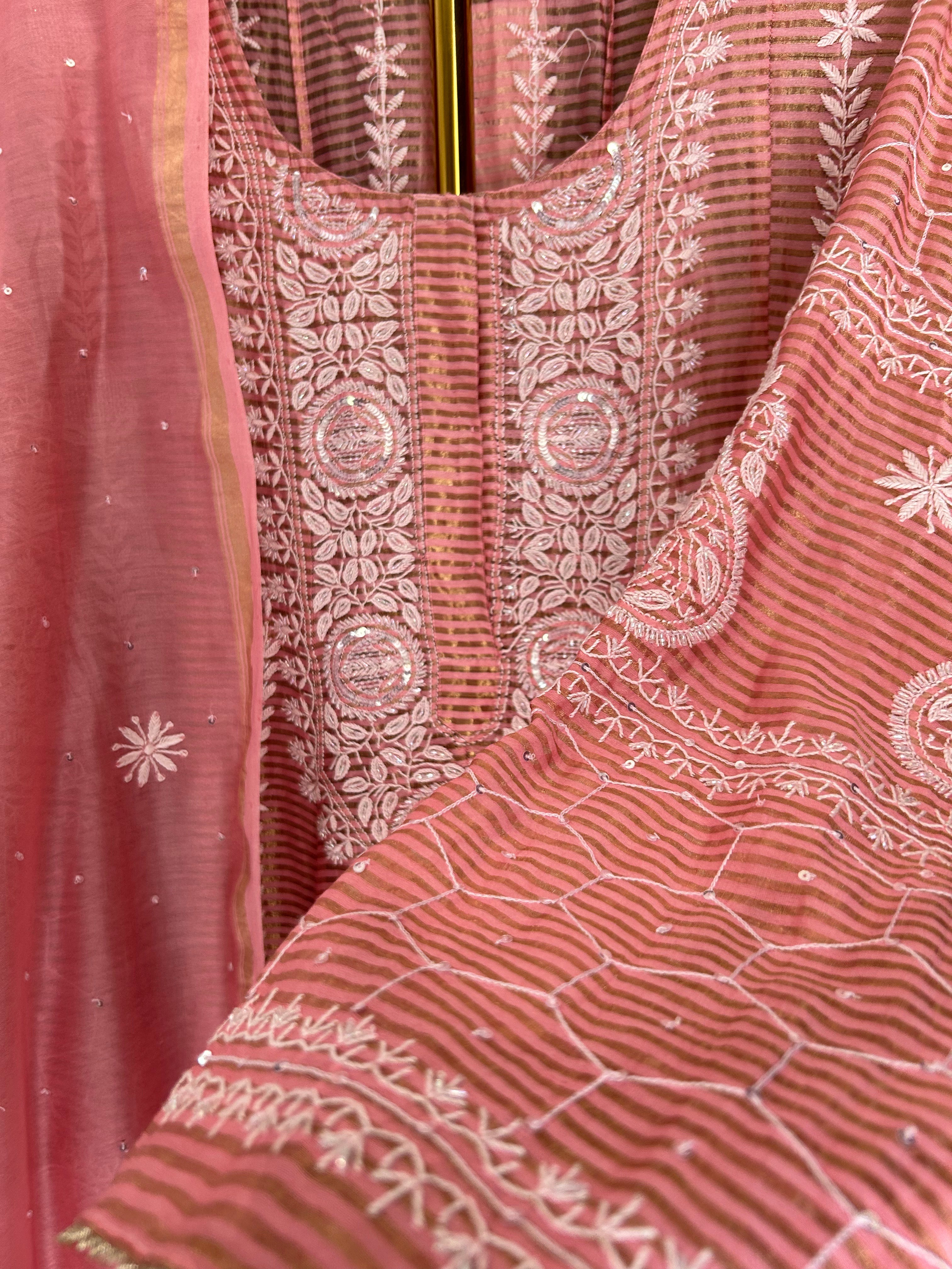 Pink  Striped Tissue Chikankari Anarkali Set