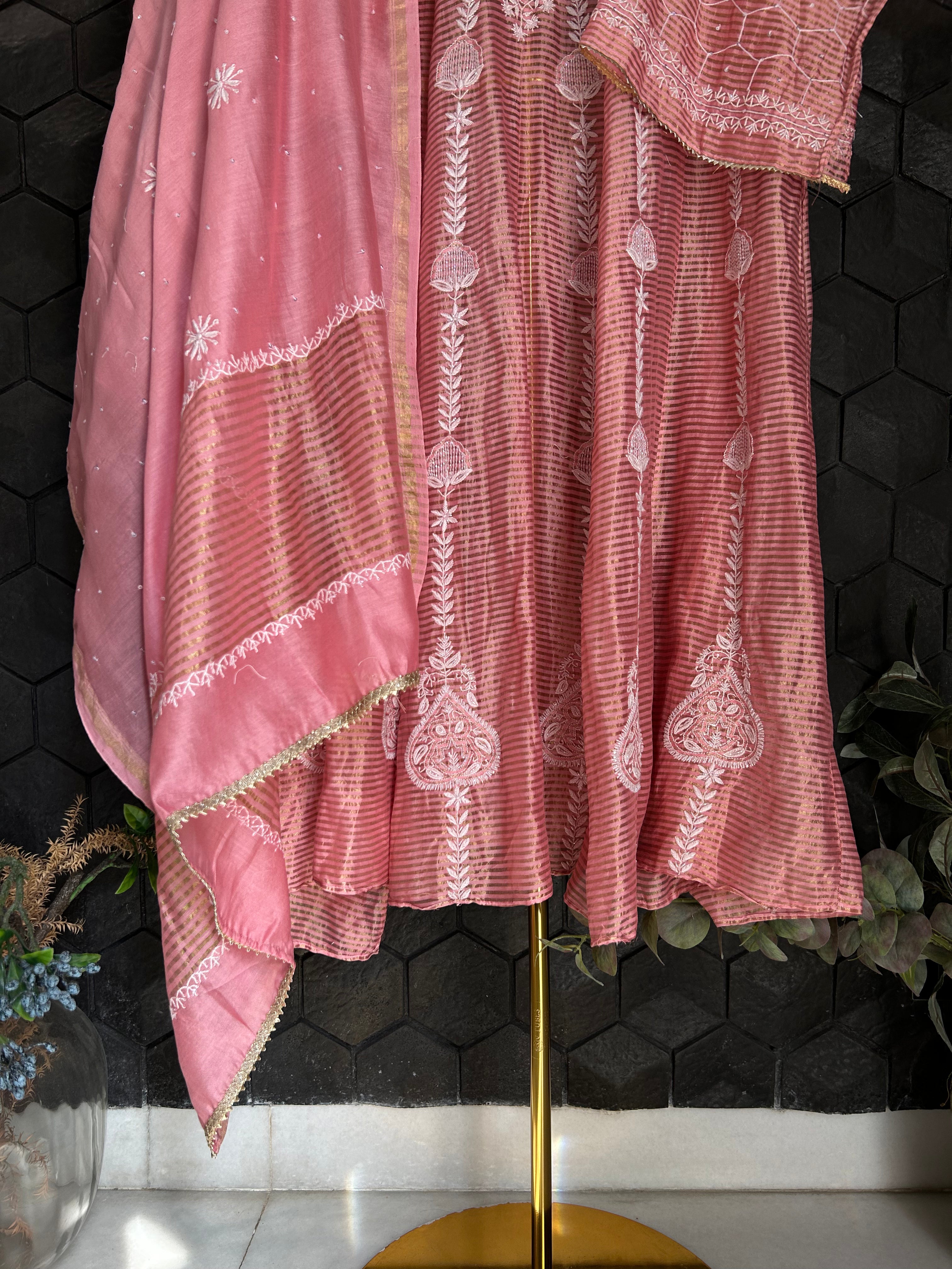 Pink  Striped Tissue Chikankari Anarkali Set