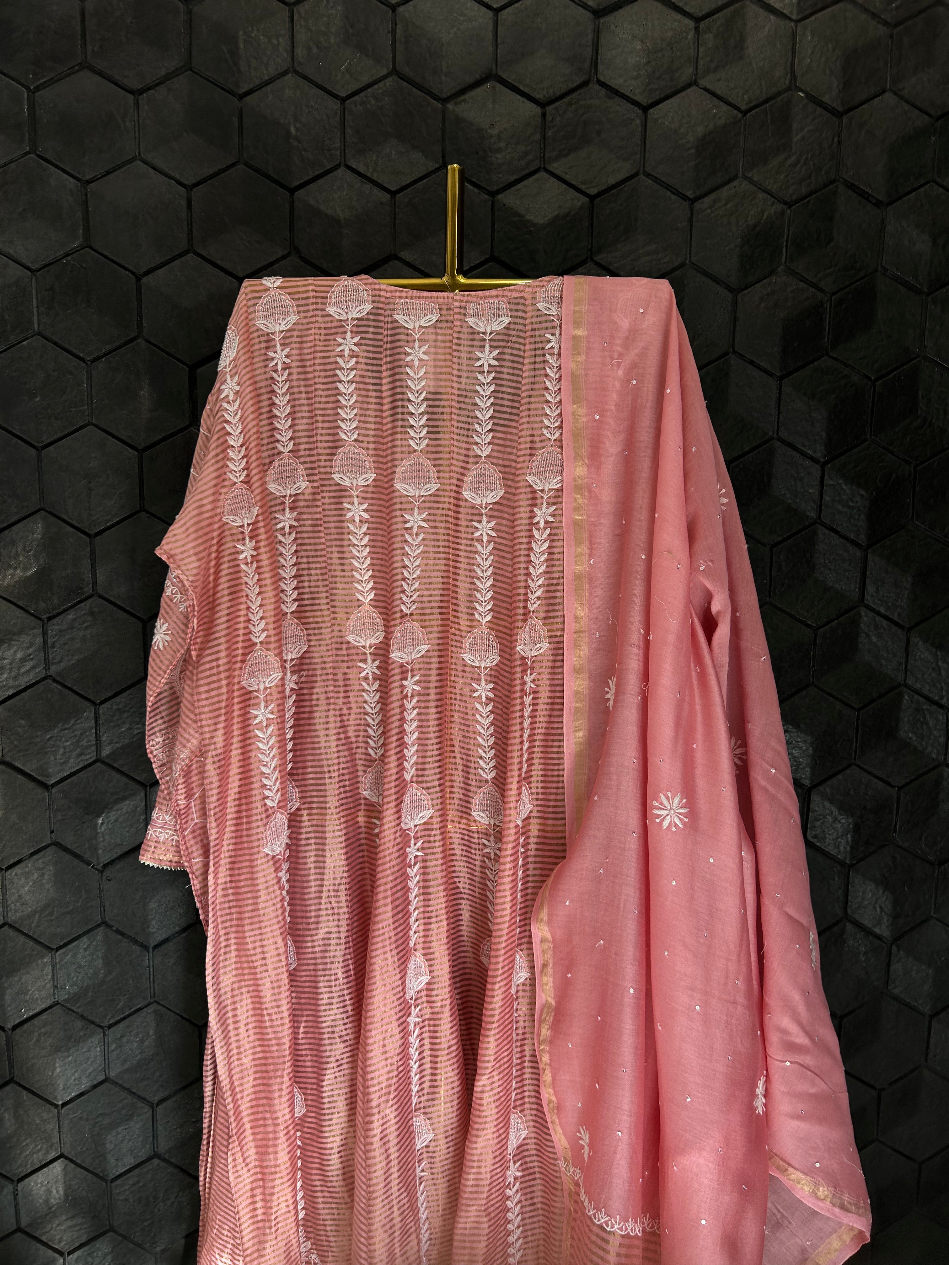 Pink  Striped Tissue Chikankari Anarkali Set