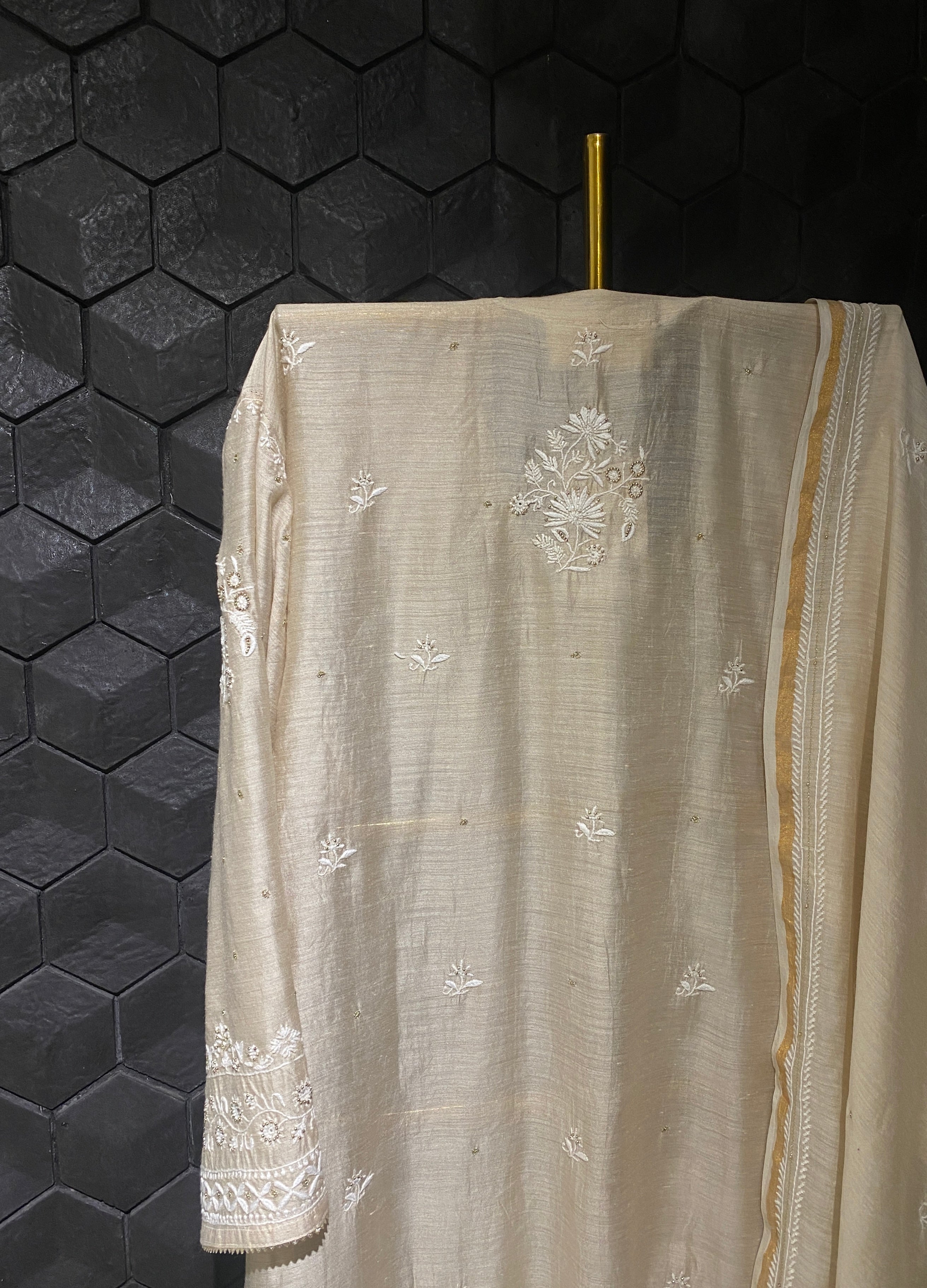 Beige Munga Silk Chikankari Kurta Set