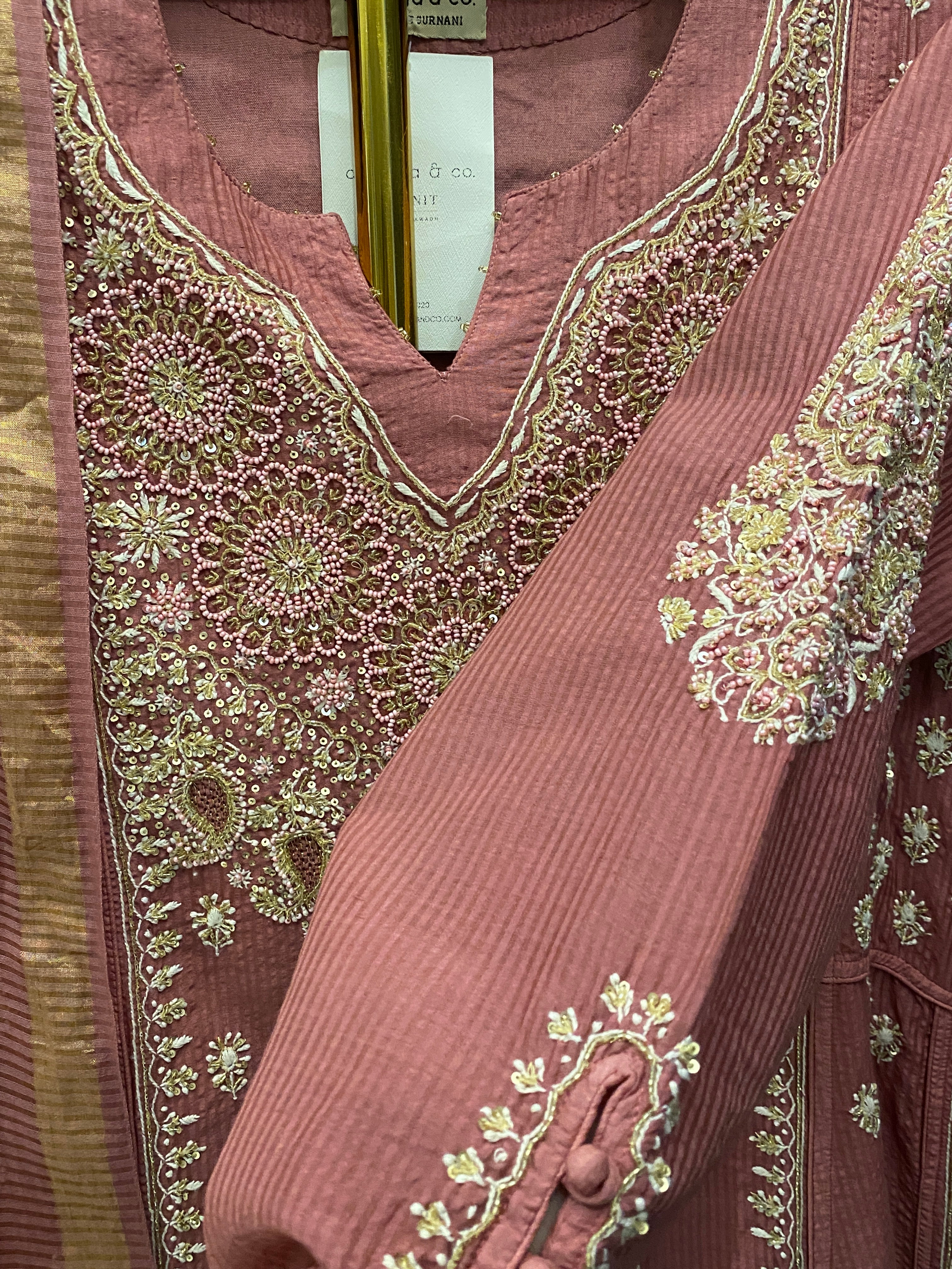 Pink Striped Tissue Chikankari A-Line Kurta Set