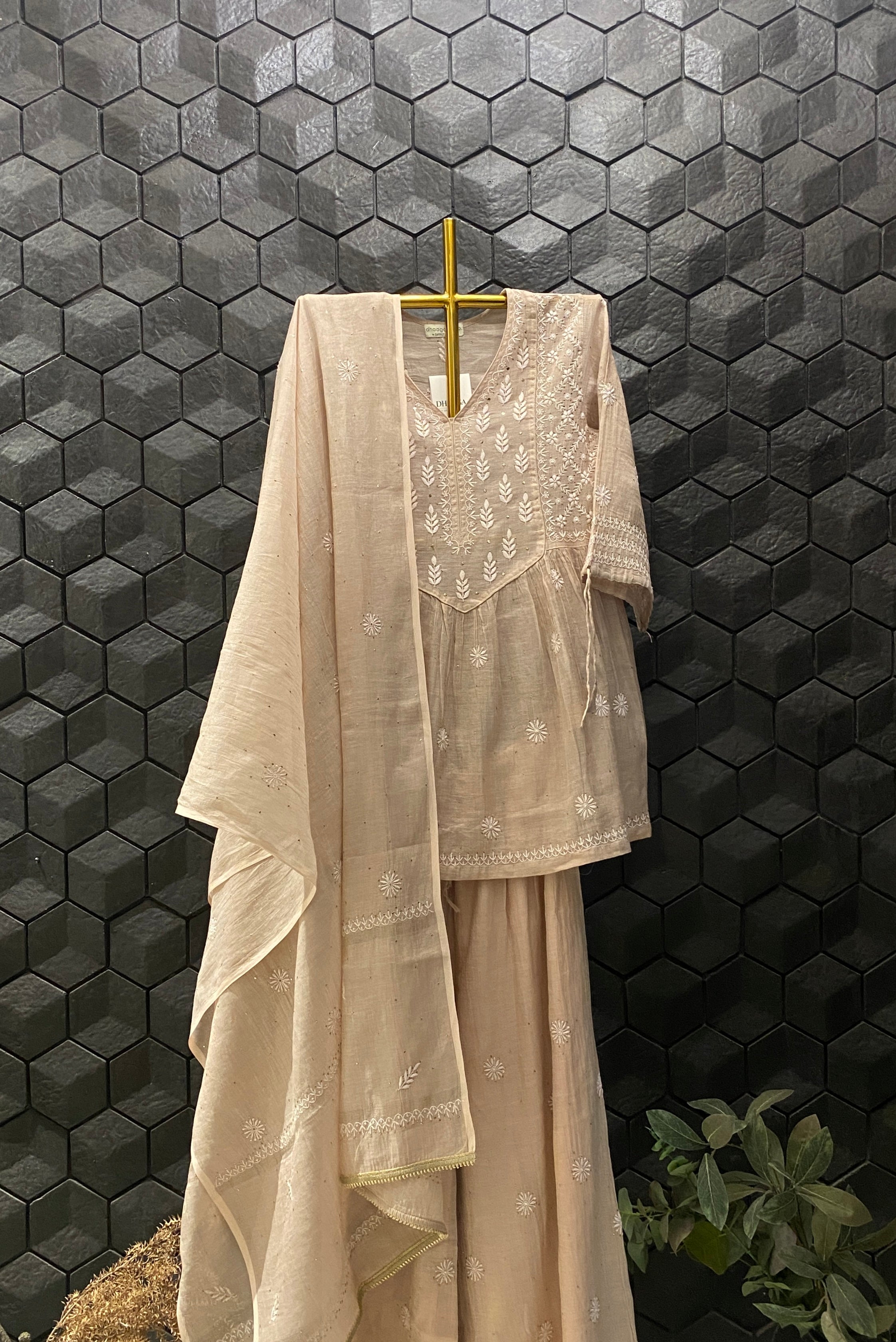 Pink Silver Tissue Chikankari Sharara Set