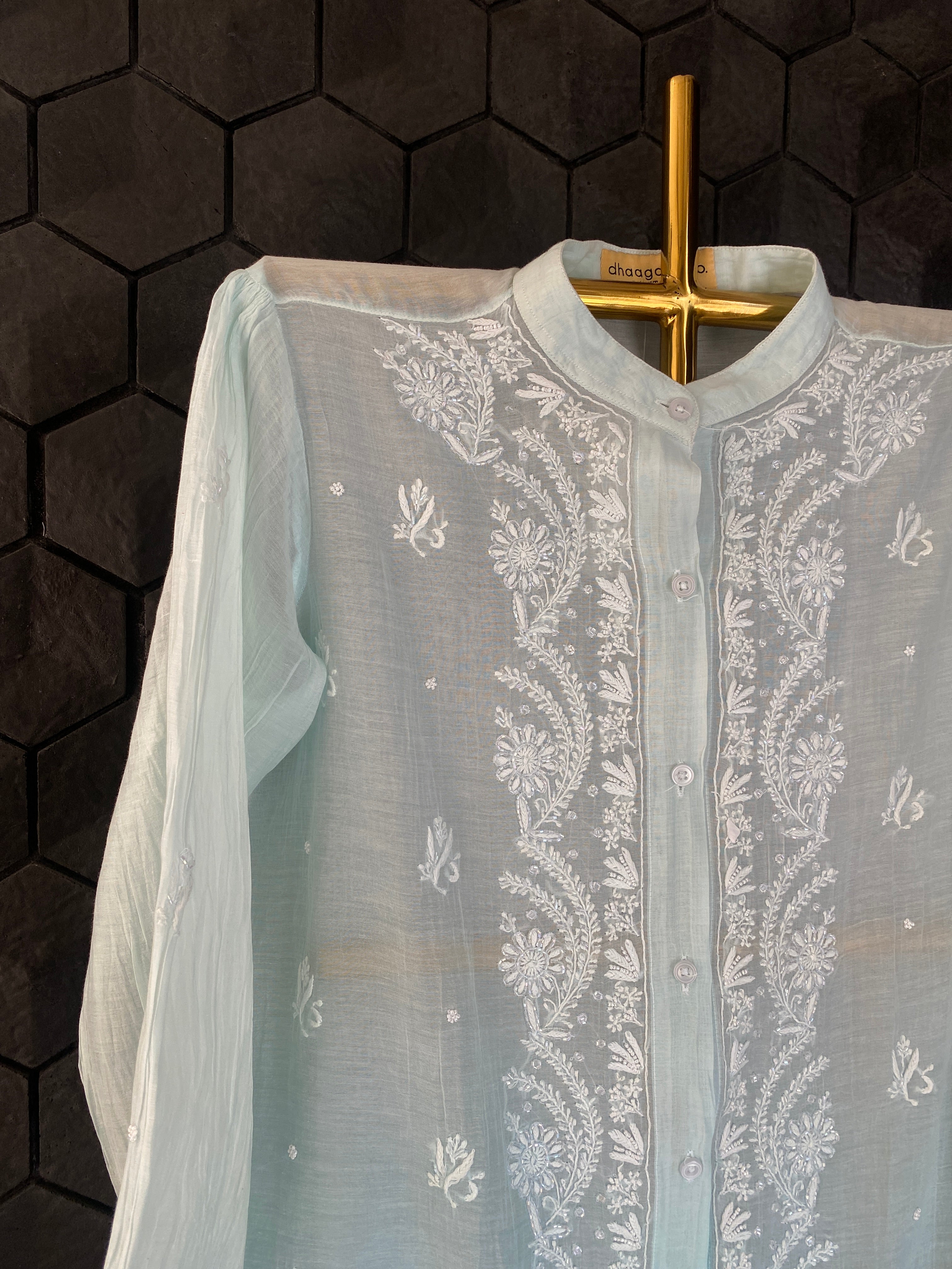 Sea Green Mul Chanderi Chikankari Shirt