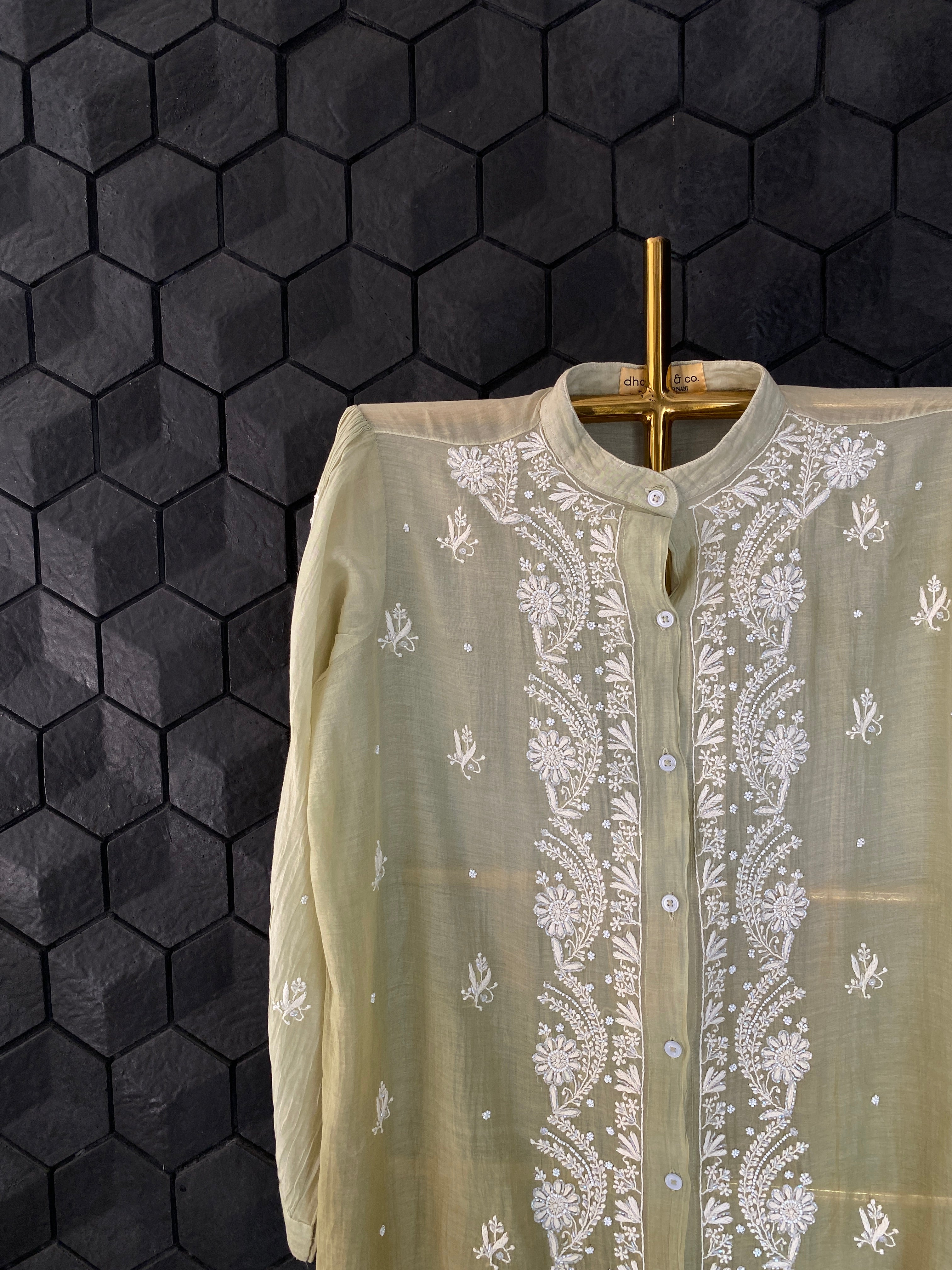 Sage Green Mul Chanderi Chikankari Shirt