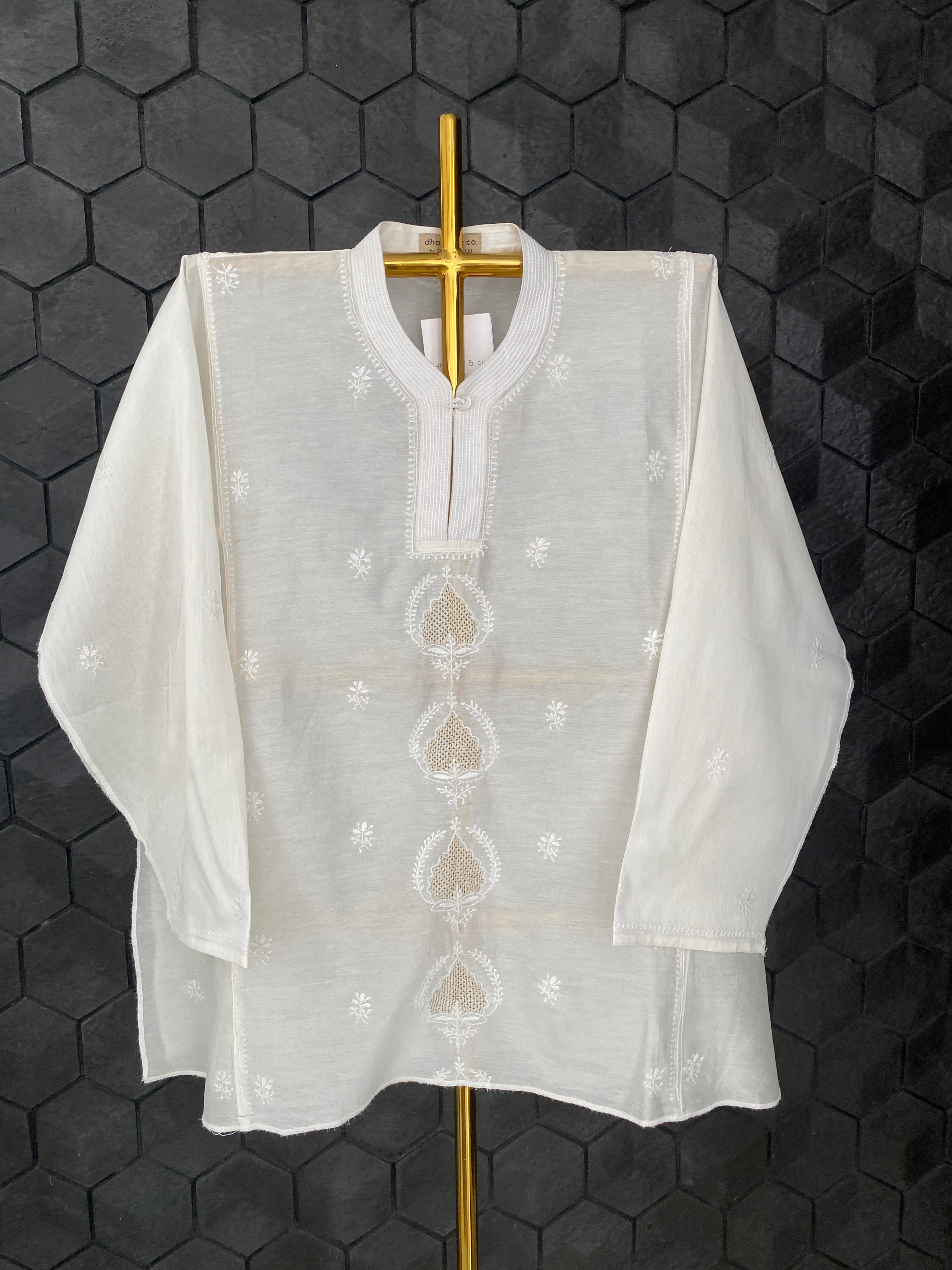 Chanderi chikankari awadhi jaali shirt.