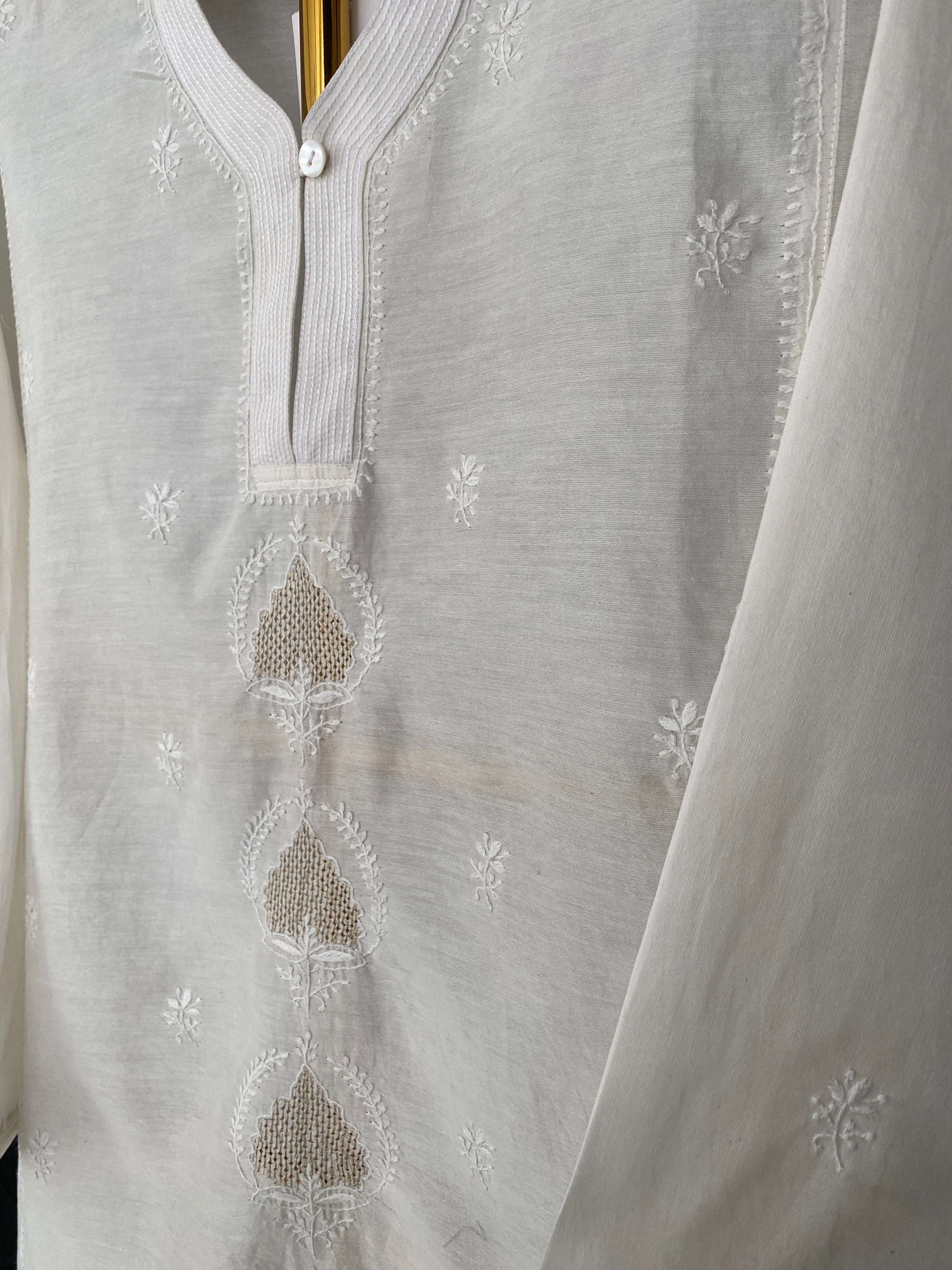 Chanderi chikankari awadhi jaali shirt.