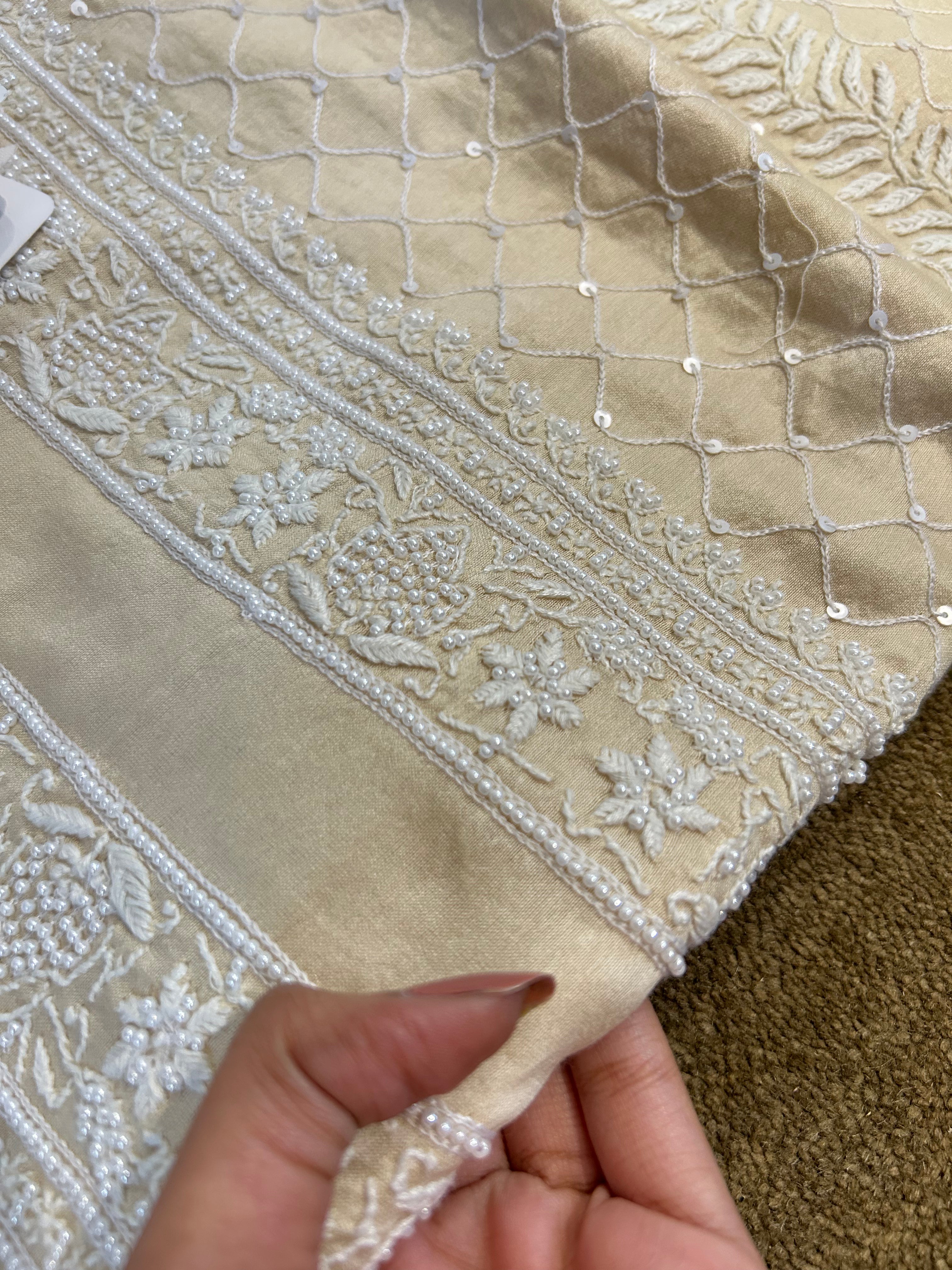 Beige Mens Chanderi Chikankari Kurta