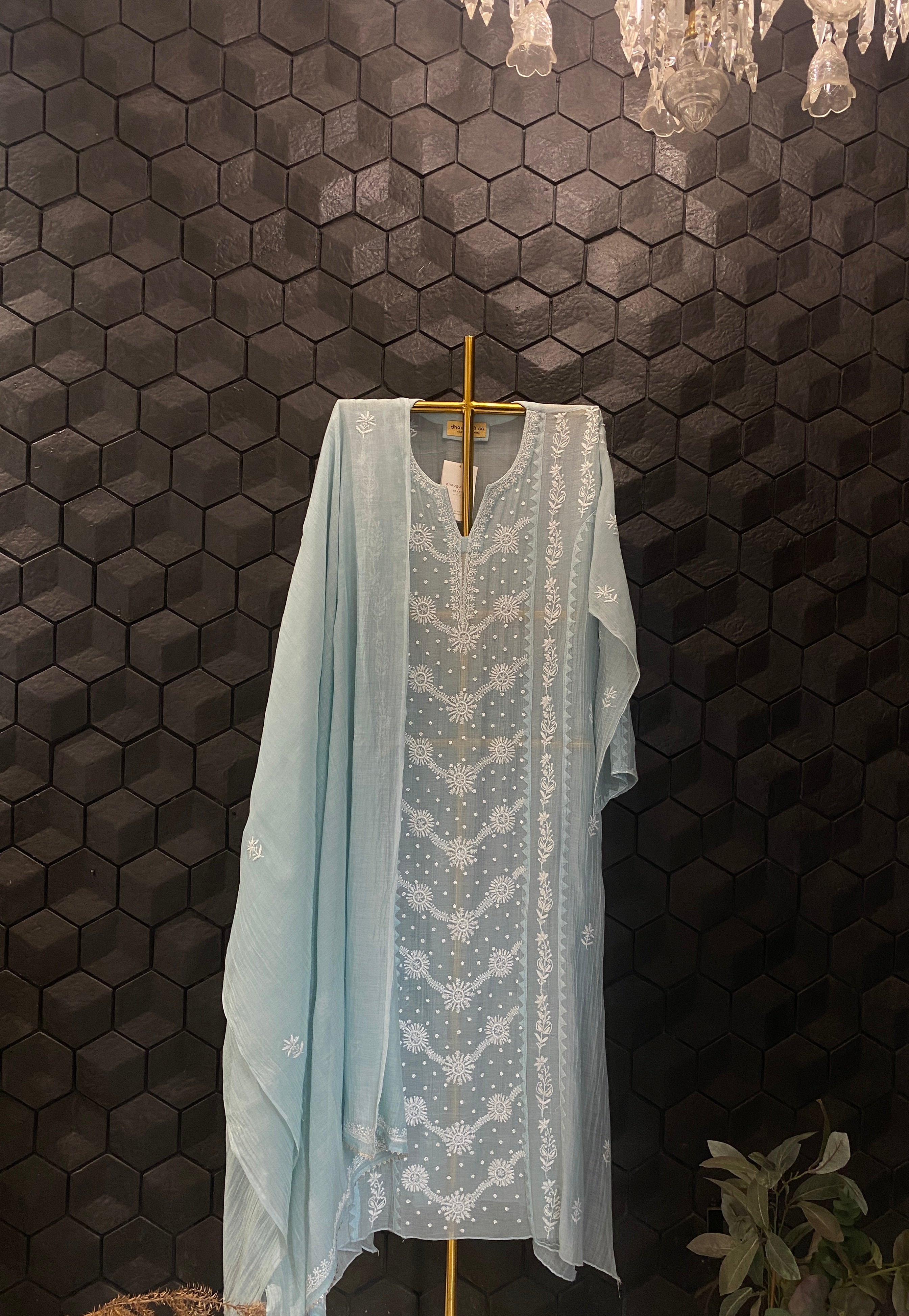 Sky Blue Mul Chanderi Chikankari Kurta Set