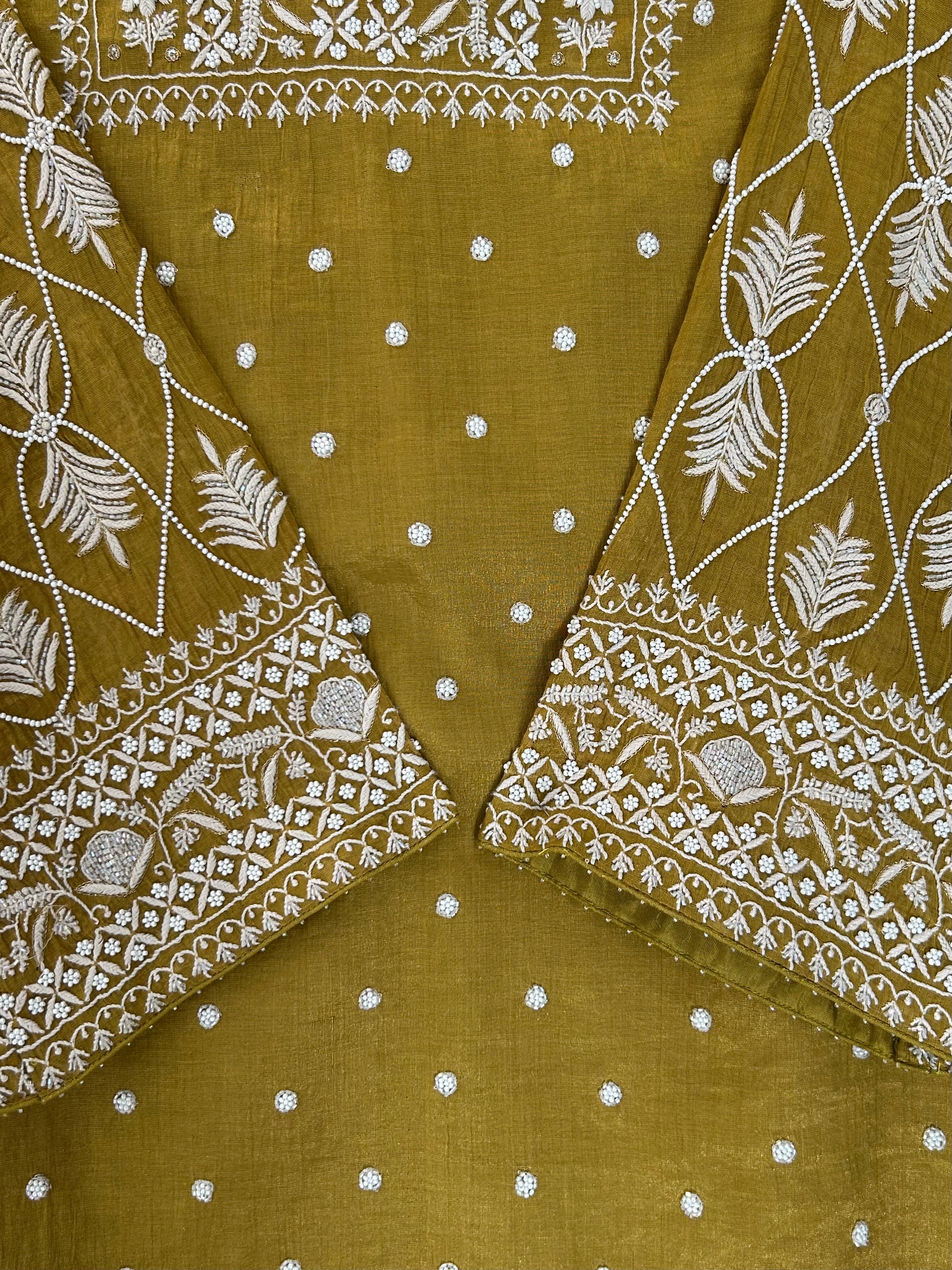 Lime Green Golden Tissue Chikankari Suit Set