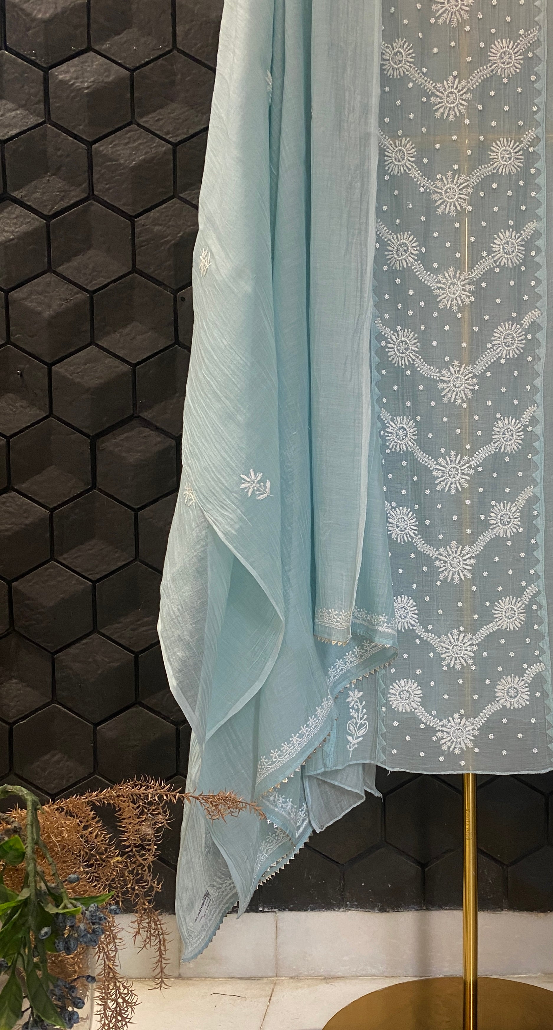 Sky Blue Mul Chanderi Chikankari Kurta Set